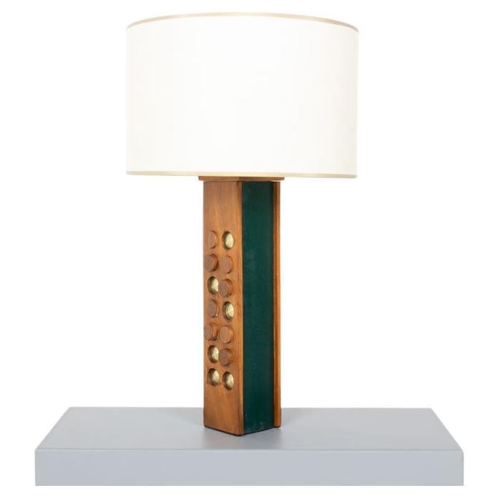 Mahogany, brass and leather table lamp 1950
