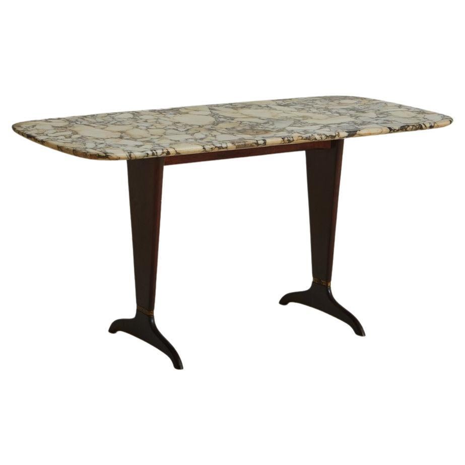 Mahogany + Brass Coffee Table with Brecciated Marble Top, Italy, 1970s For Sale