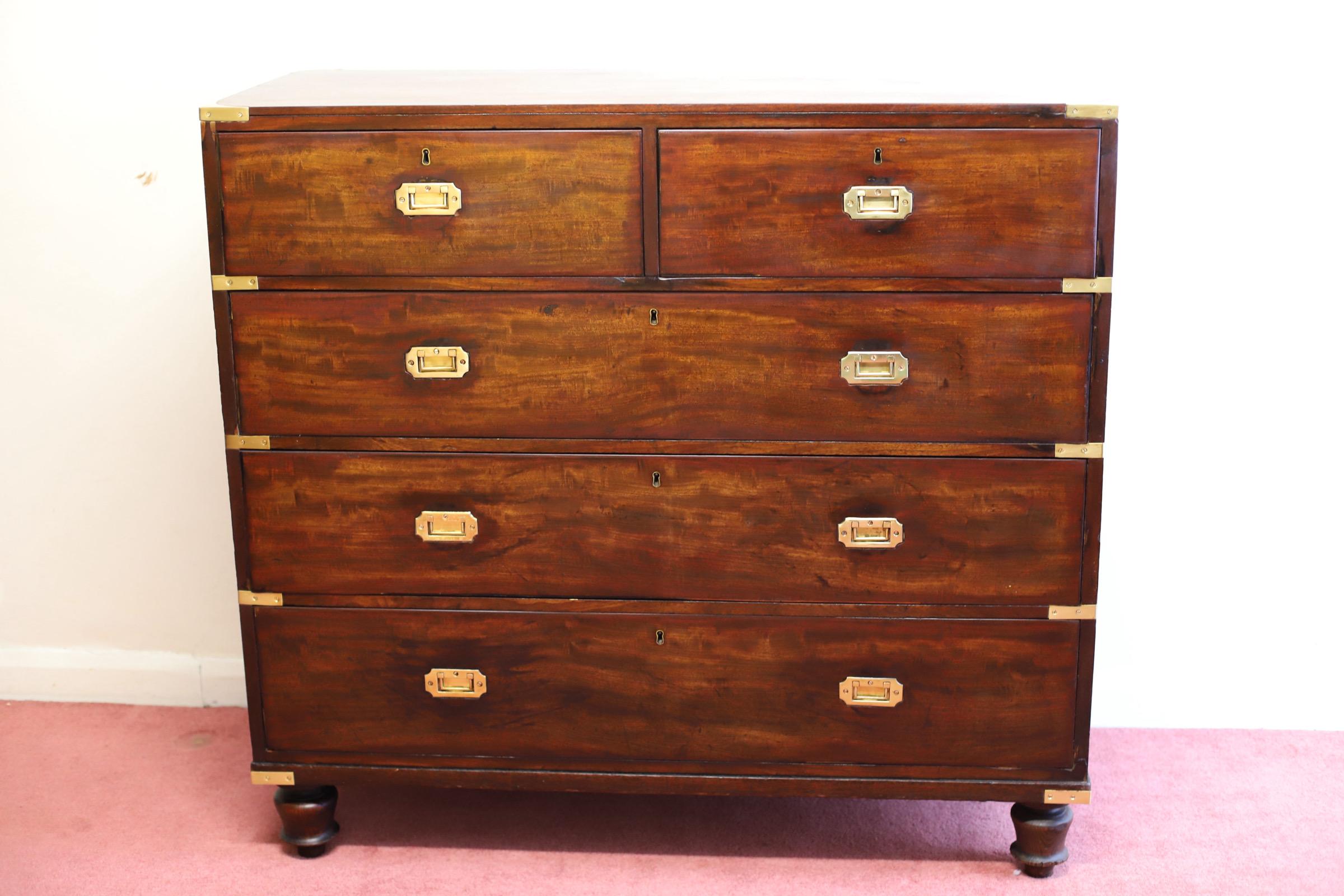 We delight to offer for sale this stunning antique Victorian mahogany campaign chest of drawers , with brass corner fittings & inset brass military drawer handles. This chest is of fine quality & the mahogany has a very rich grain & colour. There