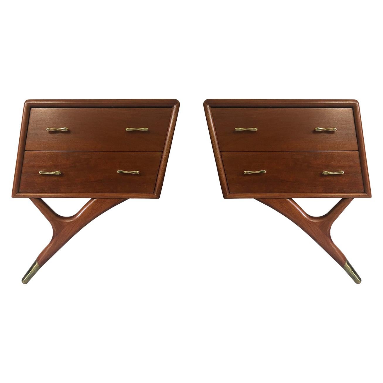 Mahogany and Brass Nightstands with Exceptional Leg by Eugenio Escudero