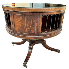 Mahogany & Brass Round Drum Coffee Table w/ Inlaid Leather by Weiman (SIGNED?)