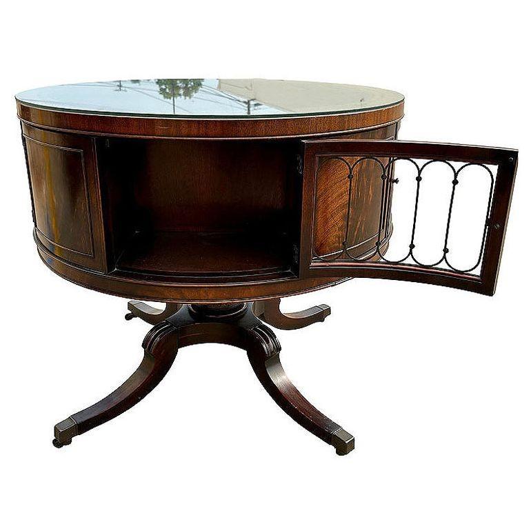 American Mahogany & Brass Round Drum Coffee Table w/ Inlaid Leather by Weiman (SIGNED?) For Sale