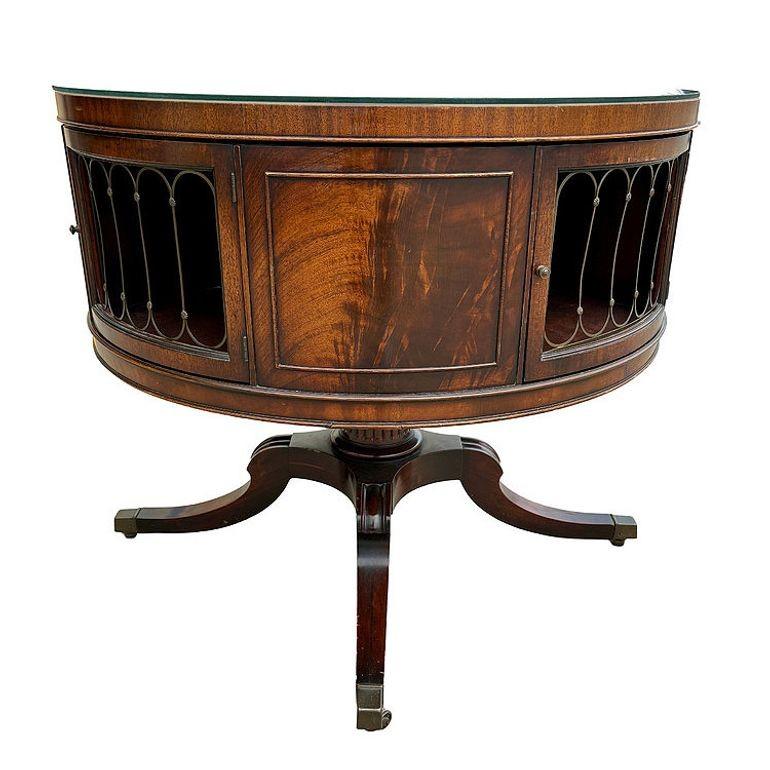 Mahogany & Brass Round Drum Coffee Table w/ Inlaid Leather by Weiman (SIGNED?) In Excellent Condition For Sale In Van Nuys, CA