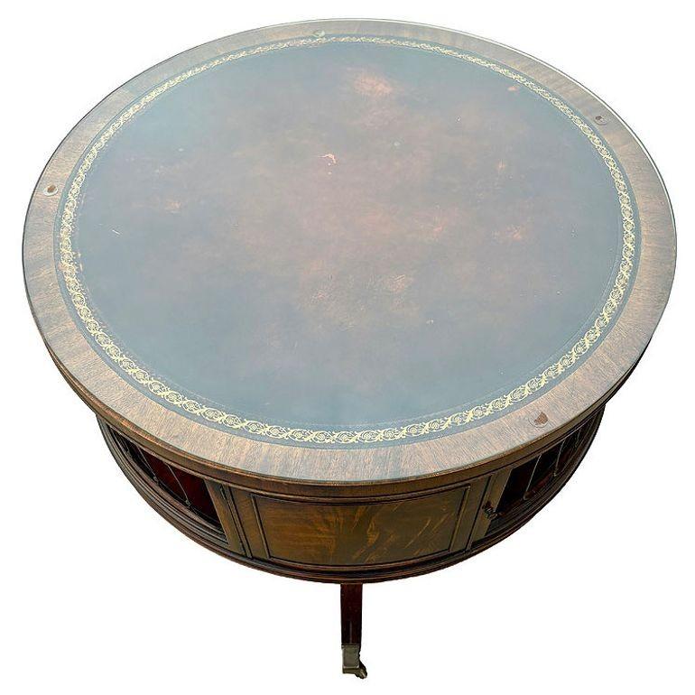Wood Mahogany & Brass Round Drum Coffee Table w/ Inlaid Leather by Weiman (SIGNED?) For Sale