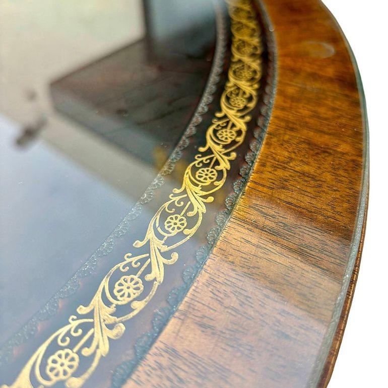 Mahogany & Brass Round Drum Coffee Table w/ Inlaid Leather by Weiman (SIGNED?) For Sale 1
