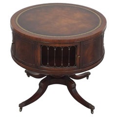 Vintage Mahogany & Brass Round Drum Coffee Table w/ Inlaid Leather by Weiman (SIGNED?)