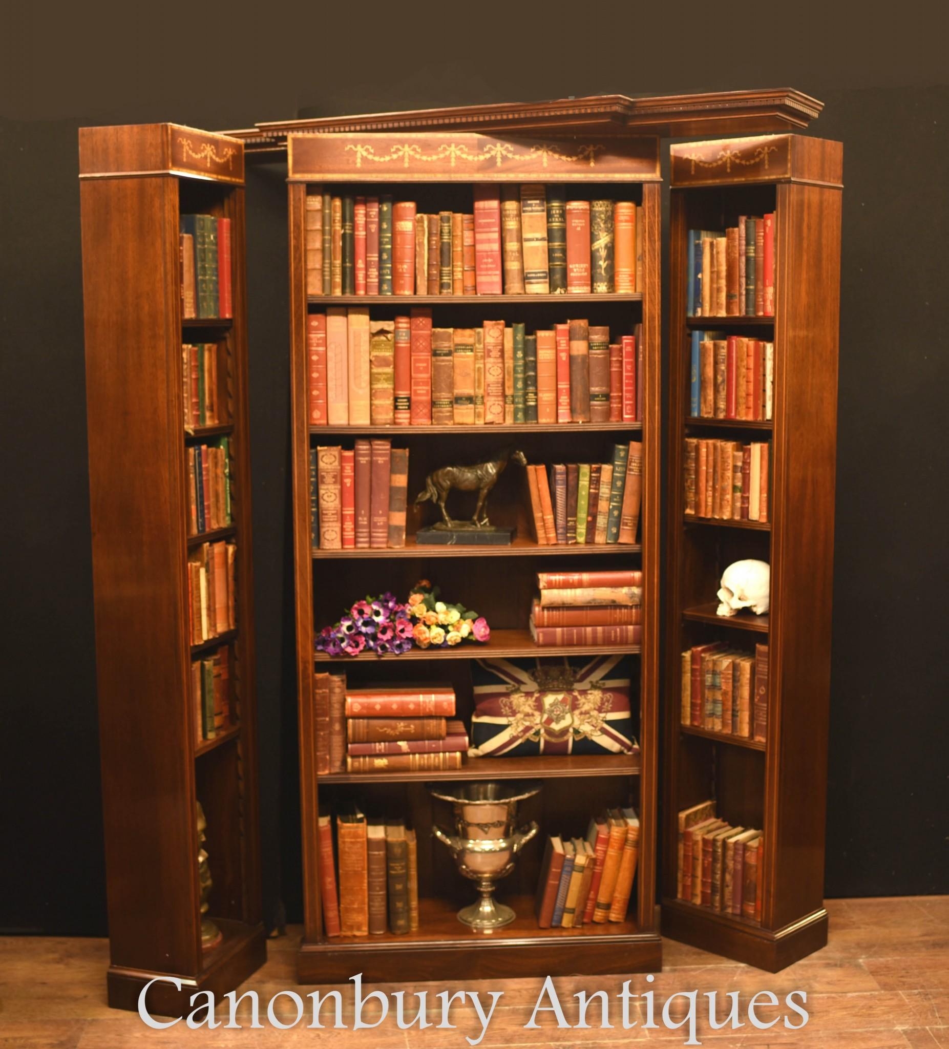 Mahogany Breakfront Bookcase - English Sheraton Open For Sale 7