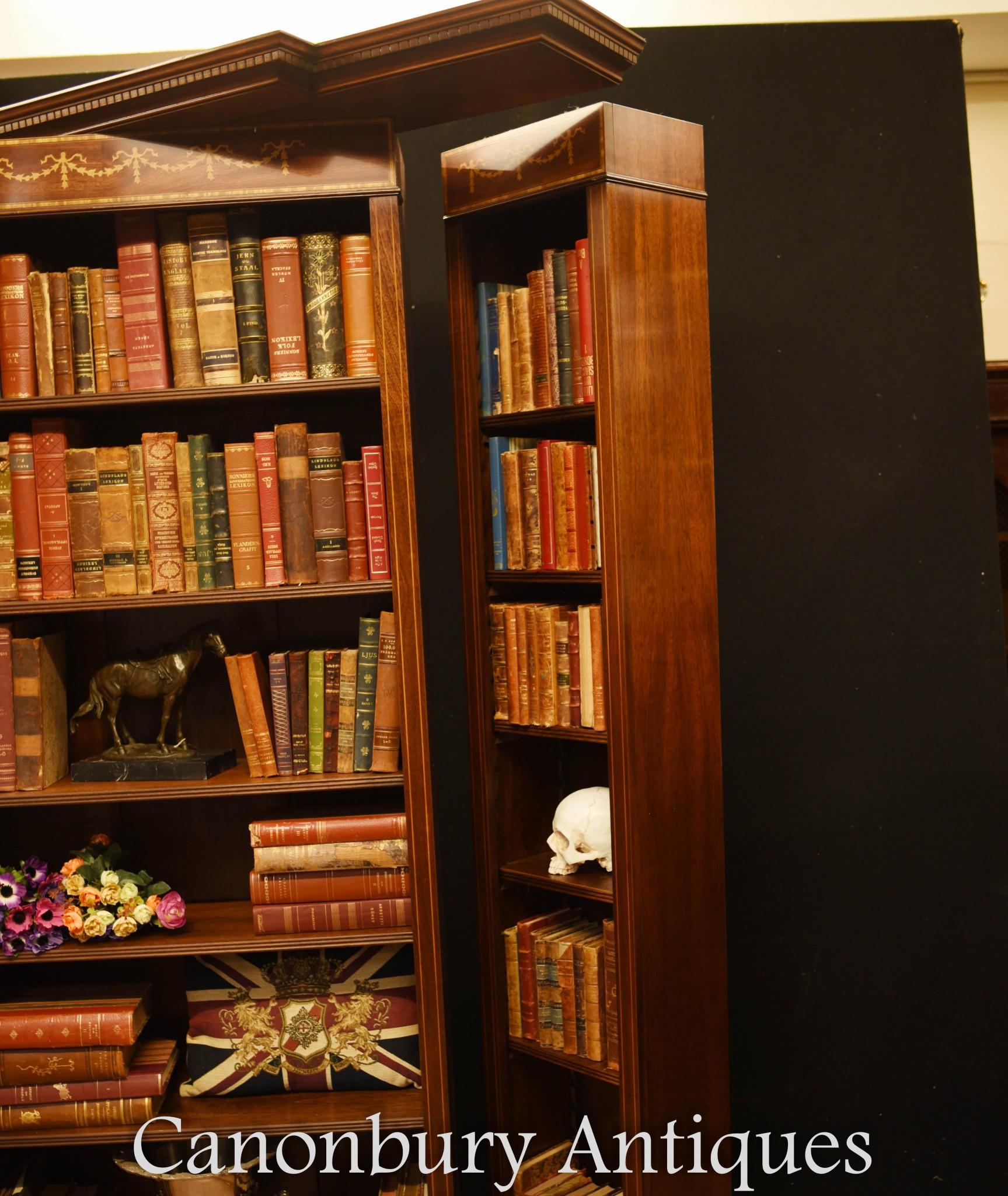 Mahogany Breakfront Bookcase - English Sheraton Open In Good Condition For Sale In Potters Bar, GB