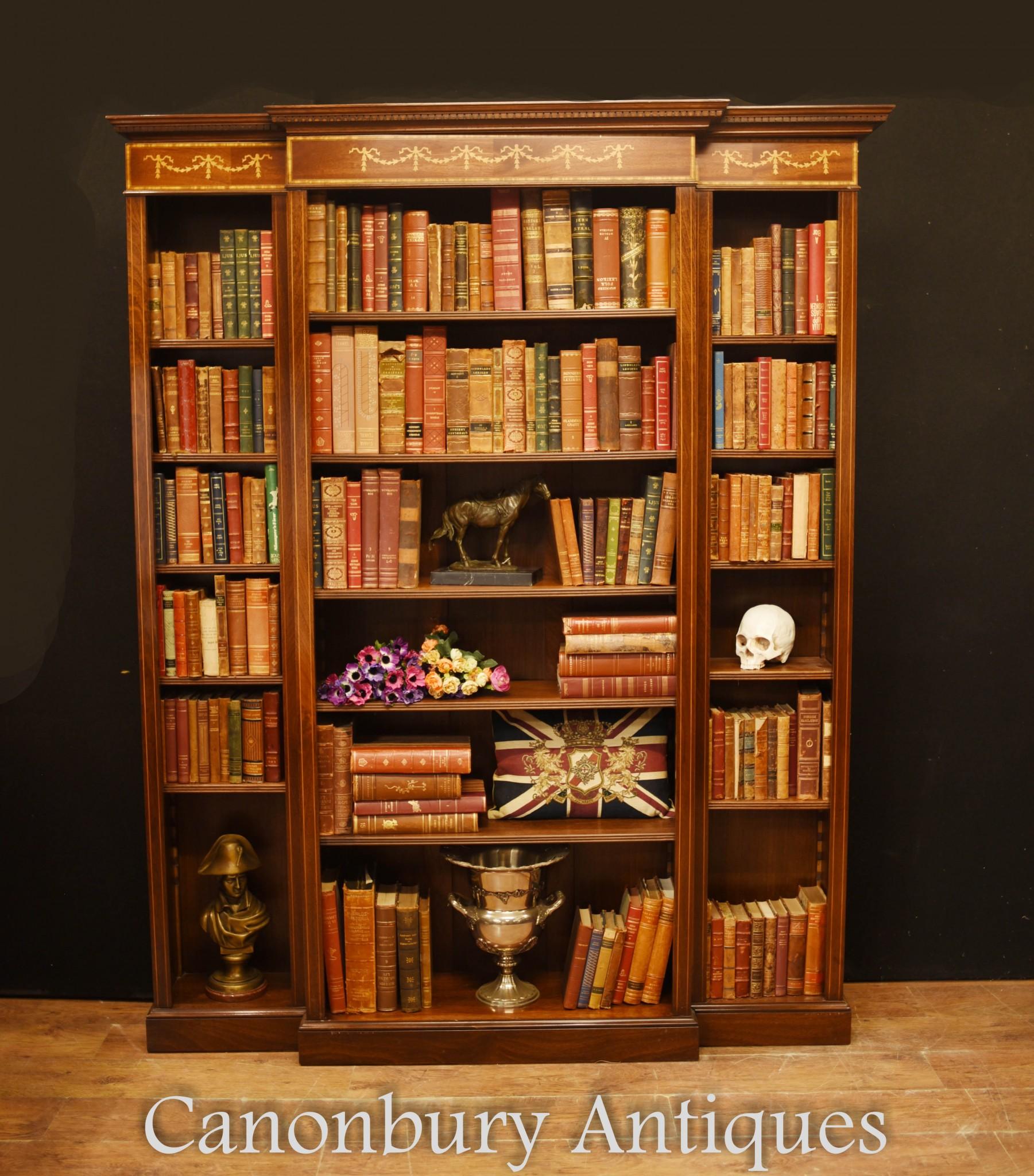Mahogany Breakfront Bookcase - English Sheraton Open For Sale 1