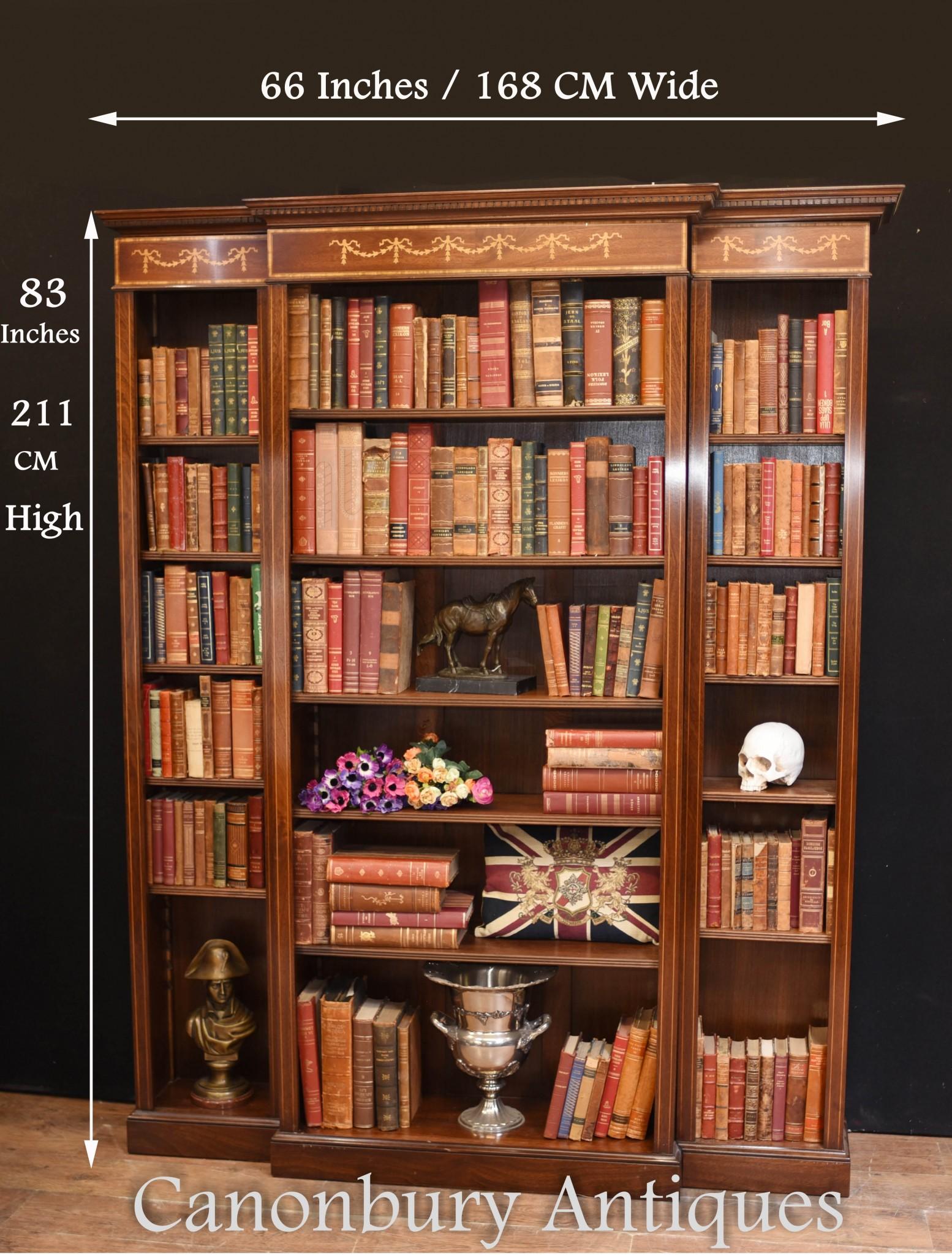 Mahogany Breakfront Bookcase - English Sheraton Open For Sale 2