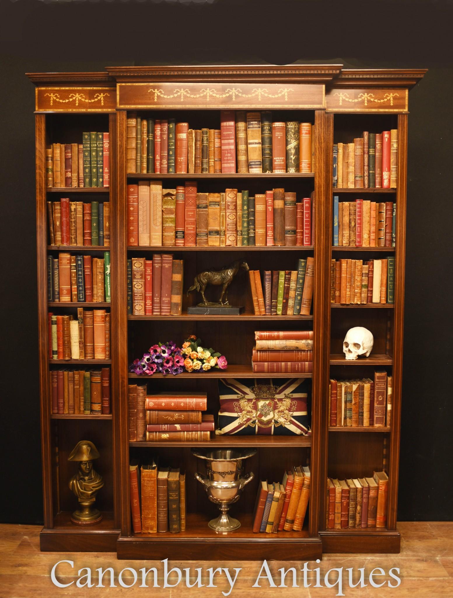 Mahogany Breakfront Bookcase - English Sheraton Open For Sale 3