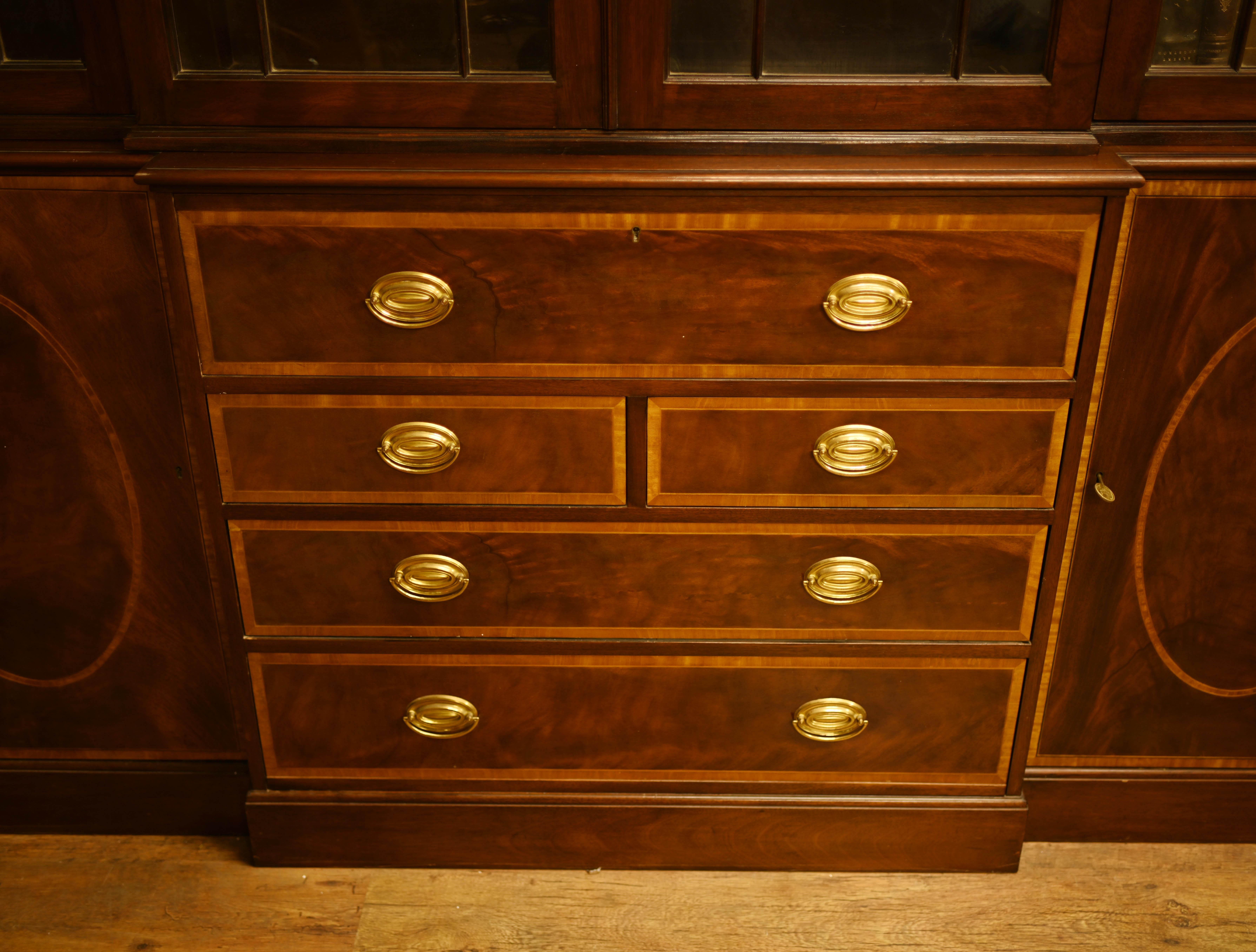 Mahogany Breakfront Bookcase Sheraton Secretaire Antique In Good Condition For Sale In Potters Bar, GB