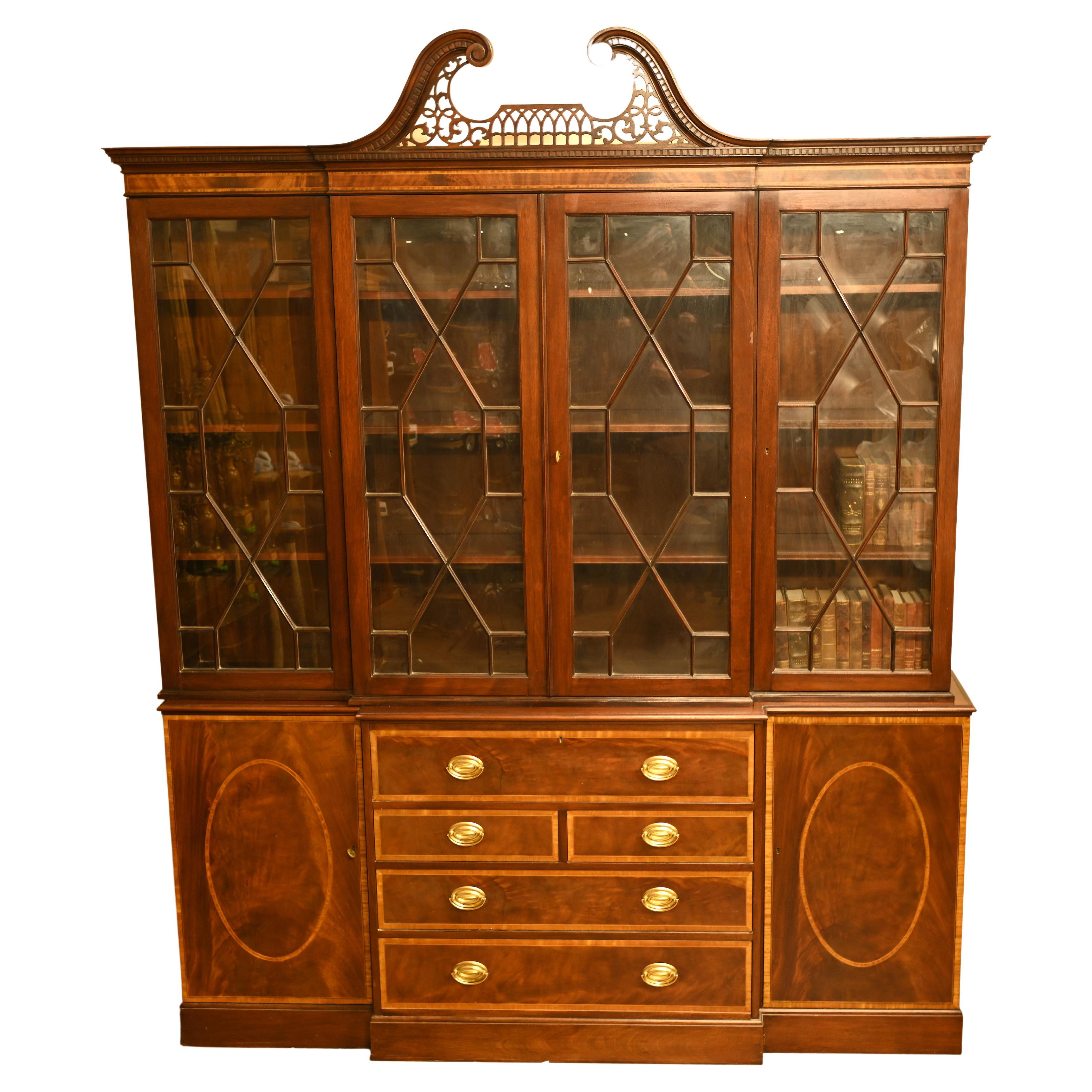 Mahogany Breakfront Bookcase Sheraton Secretaire Antique For Sale