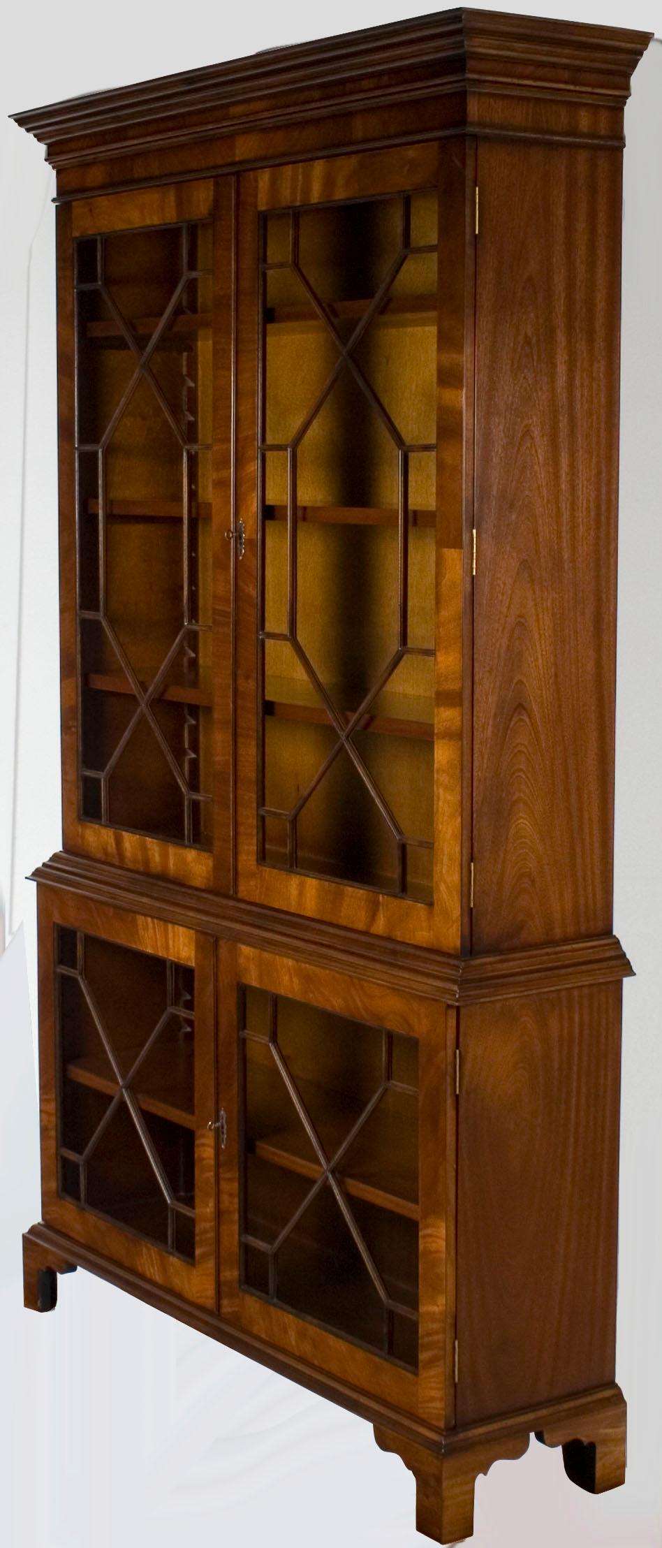 English Mahogany Breakfront Glass Door Adjustable Bookcase Cabinet For Sale