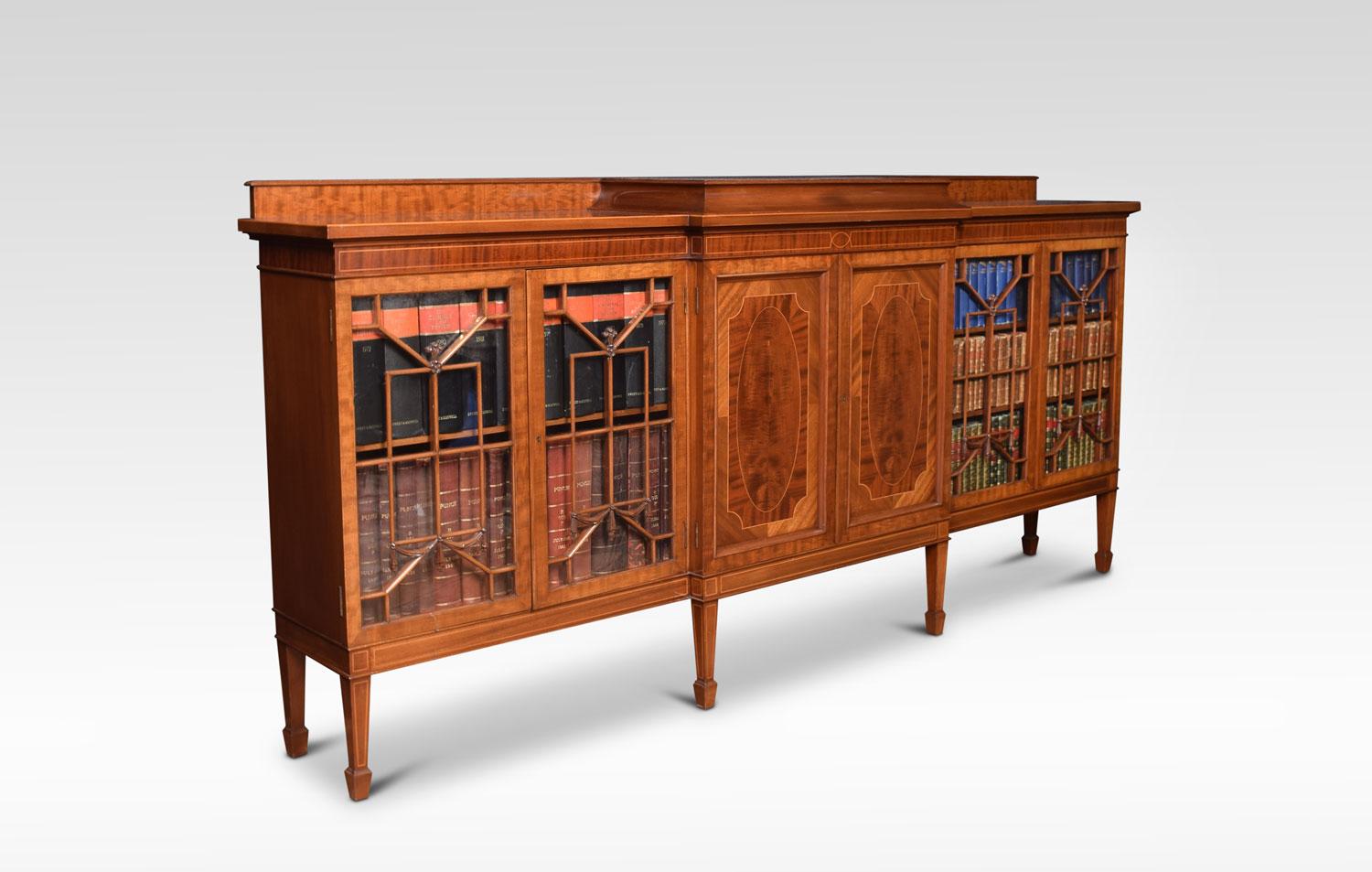 British Mahogany Breakfront Inlaid Glazed Bookcase