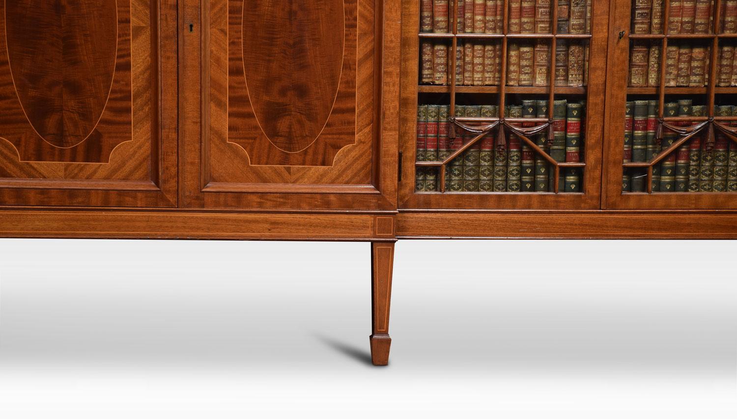 20th Century Mahogany Breakfront Inlaid Glazed Bookcase