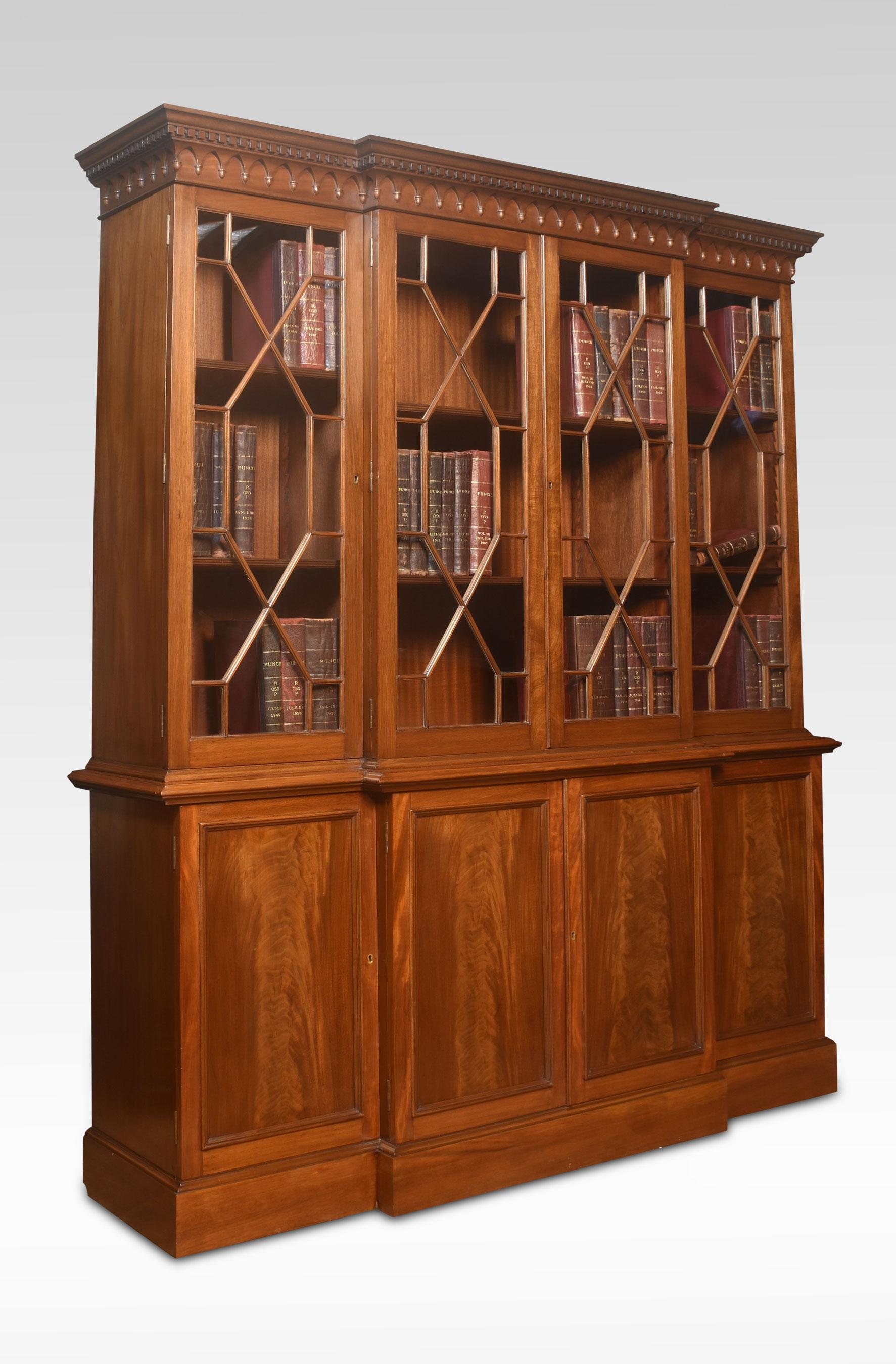 20th Century Mahogany Breakfront Library Bookcase For Sale