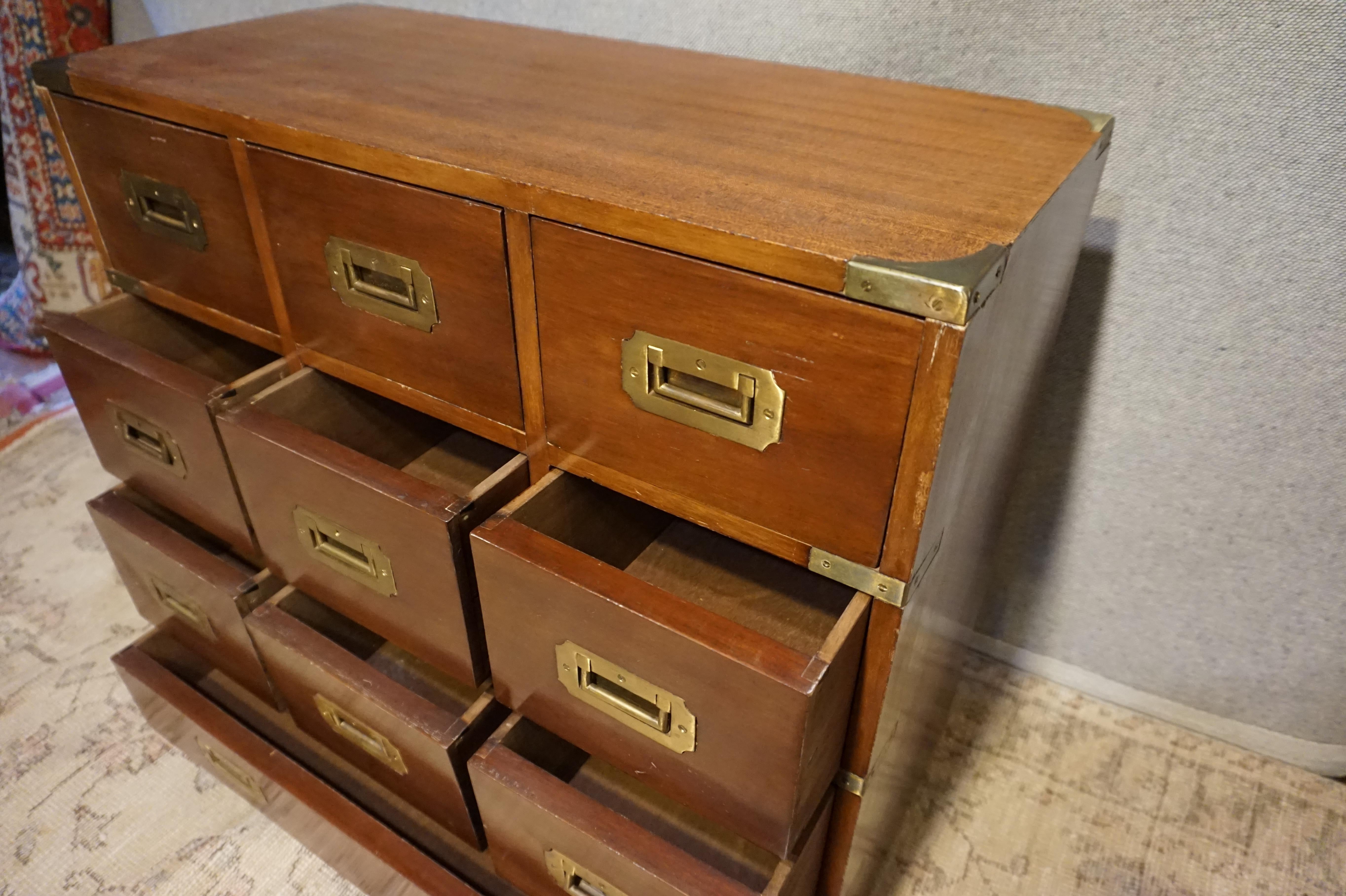 Mahogany British Campaign Chest with Brass Hardware and Multiple Drawers 1