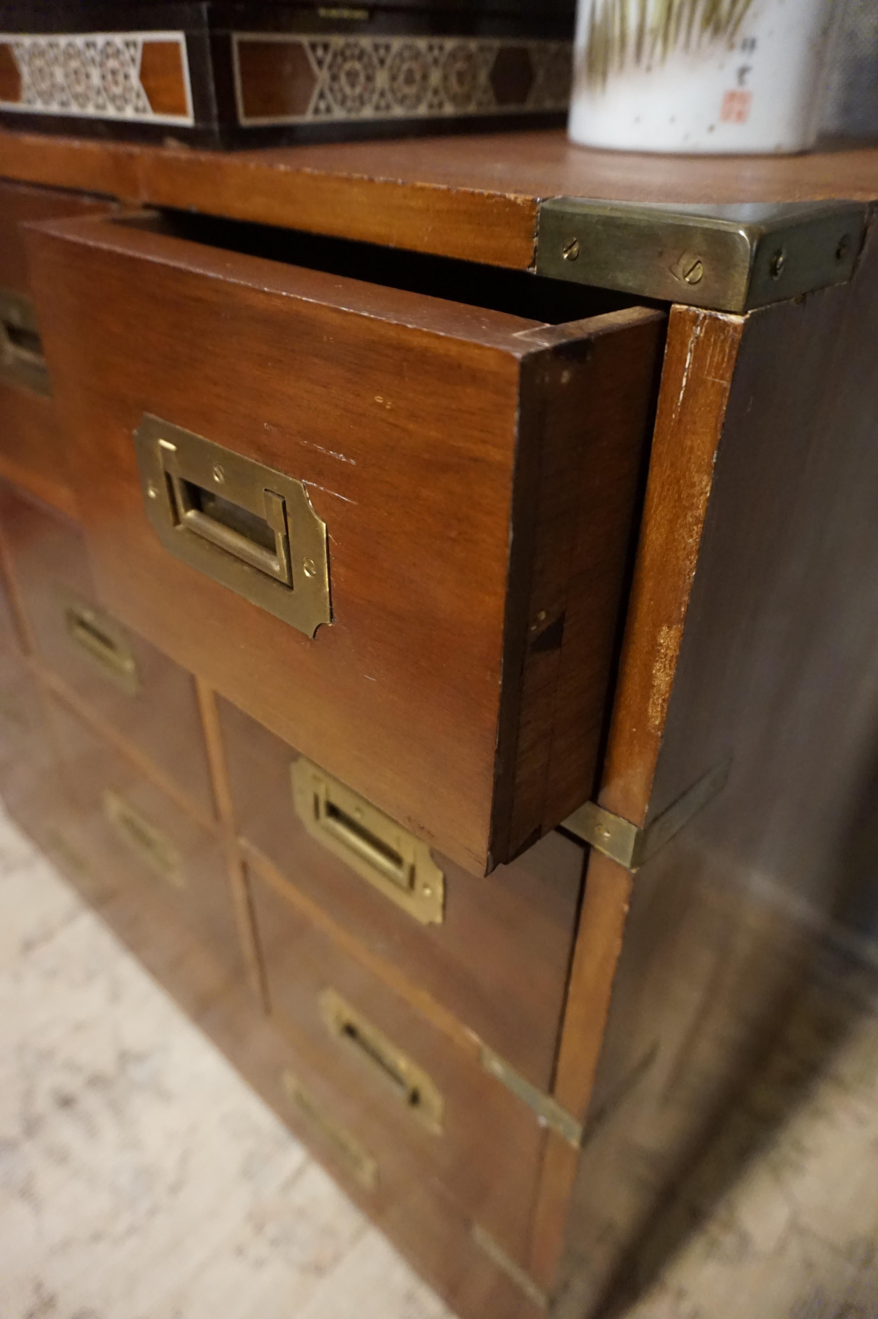British Colonial Mahogany British Campaign Chest with Brass Hardware and Multiple Drawers
