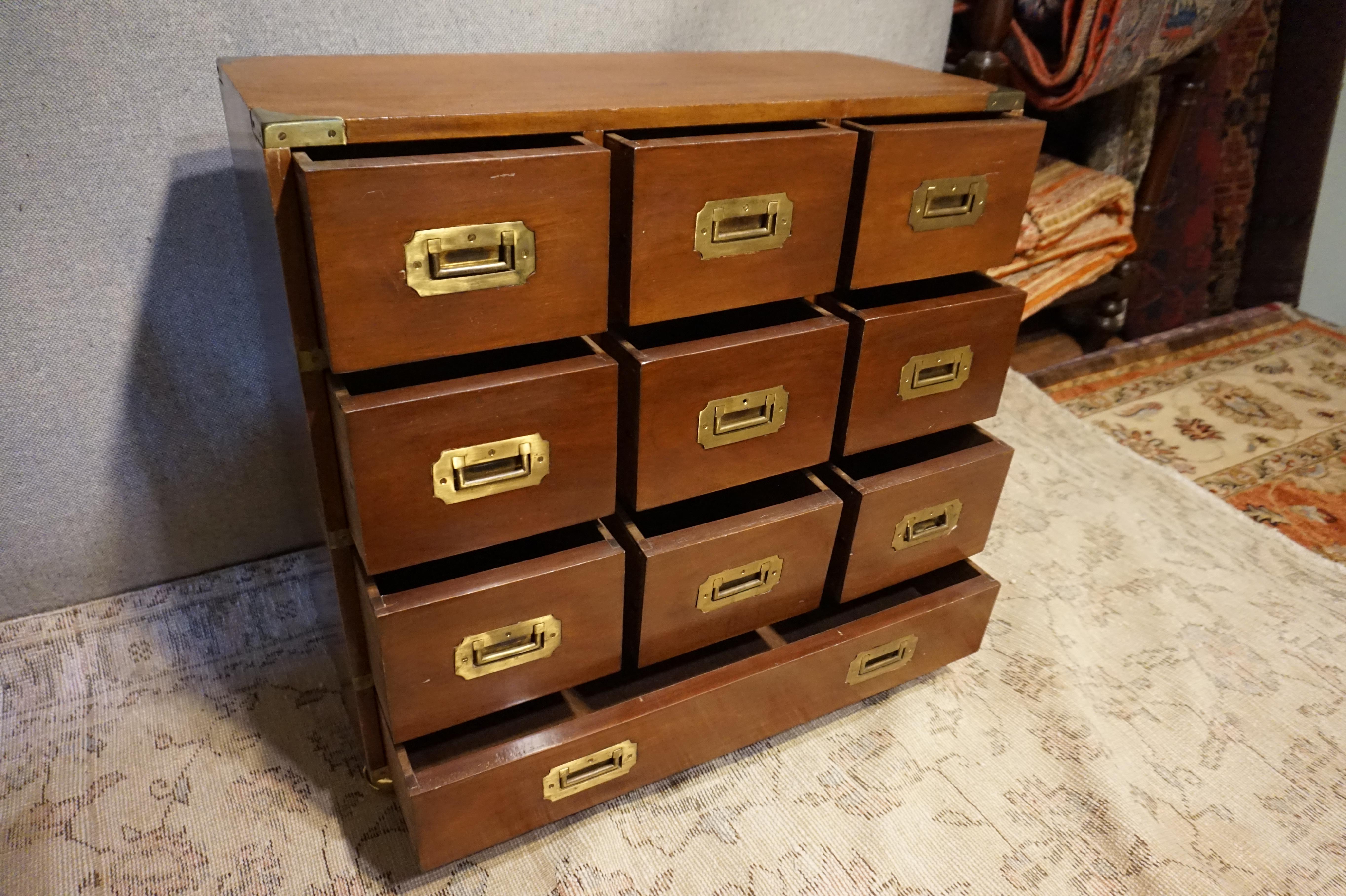Hand-Crafted Mahogany British Campaign Chest with Brass Hardware and Multiple Drawers