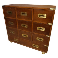 Mahogany British Campaign Chest with Brass Hardware and Multiple Drawers