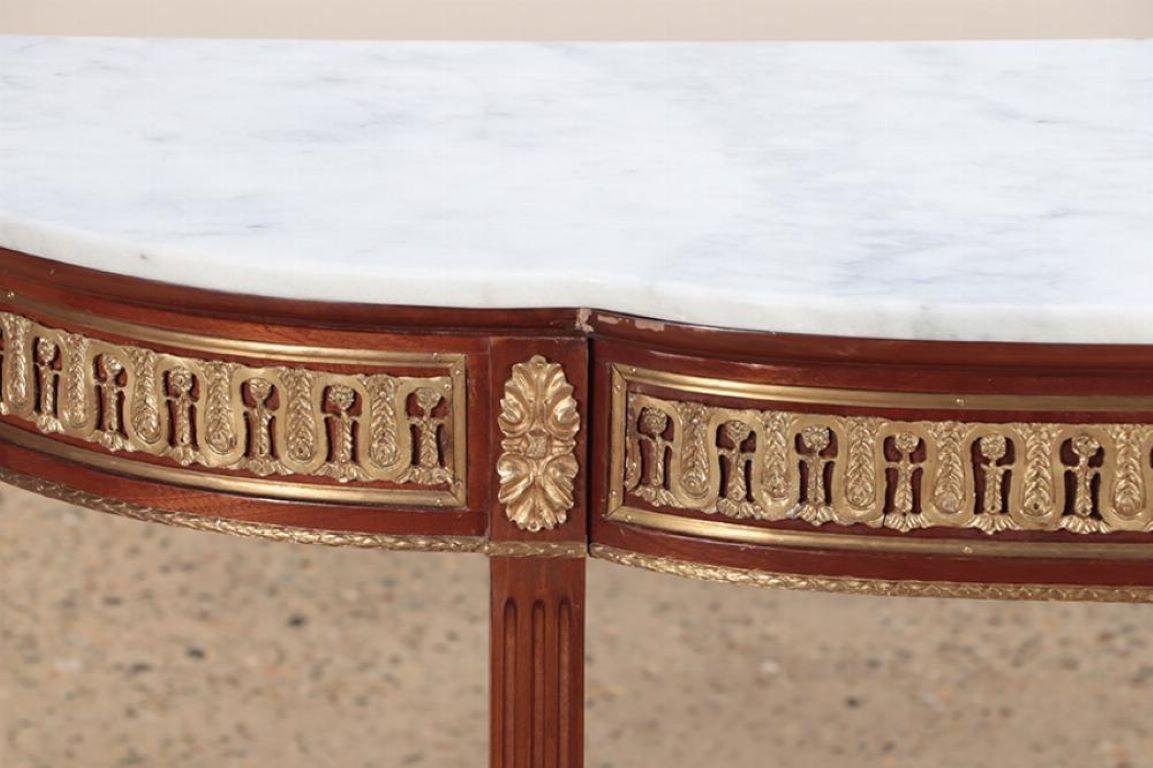20th Century Mahogany bronze mounted Louis XVI style marble top console table For Sale