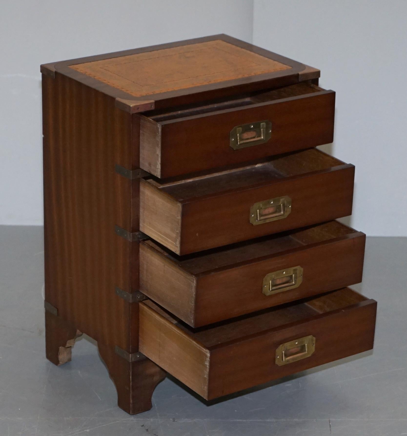 Hardwood Brown Leather with Brass Trim Military Campaign Side Table Size Drawers 6