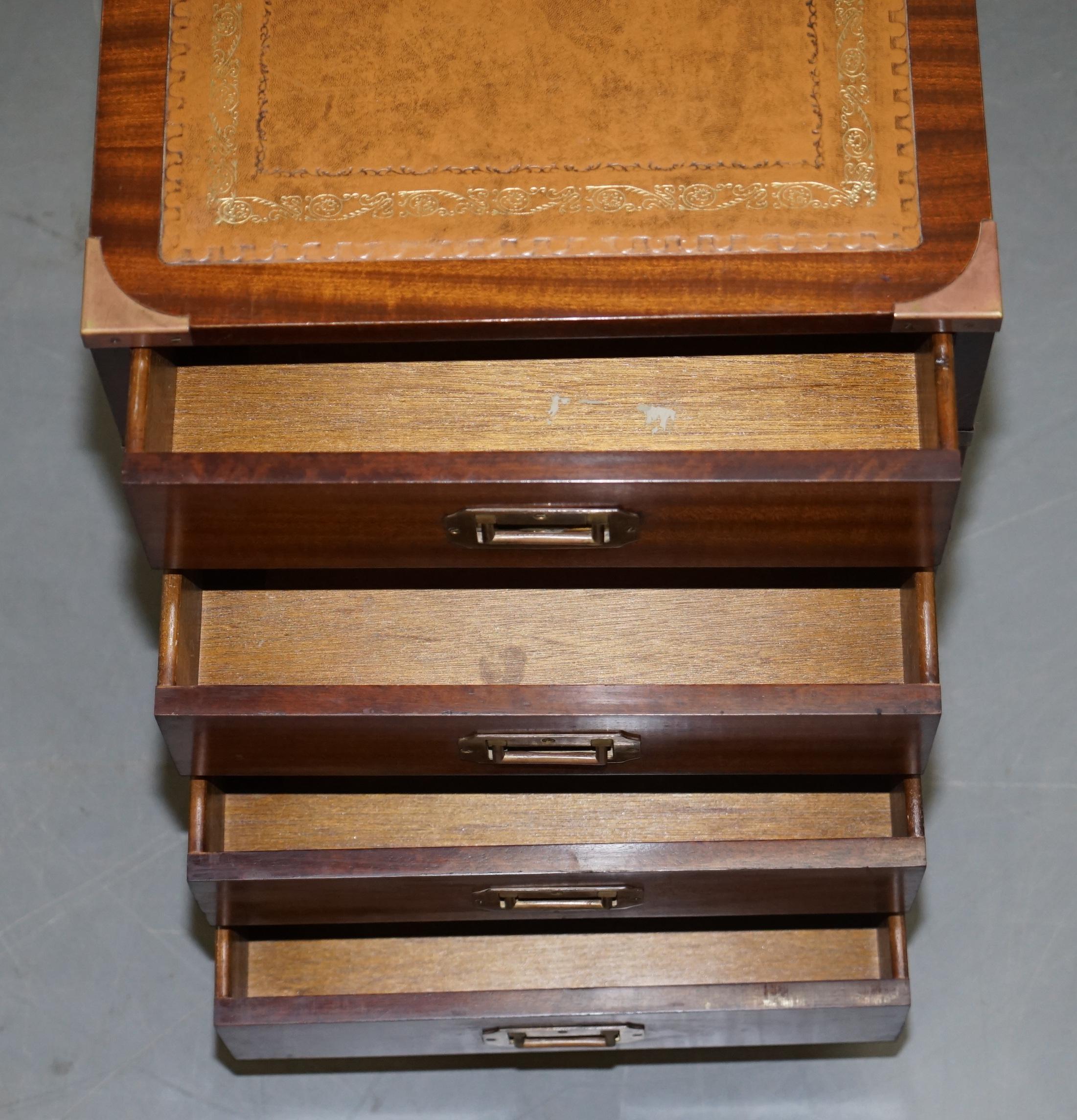 Hardwood Brown Leather with Brass Trim Military Campaign Side Table Size Drawers 7