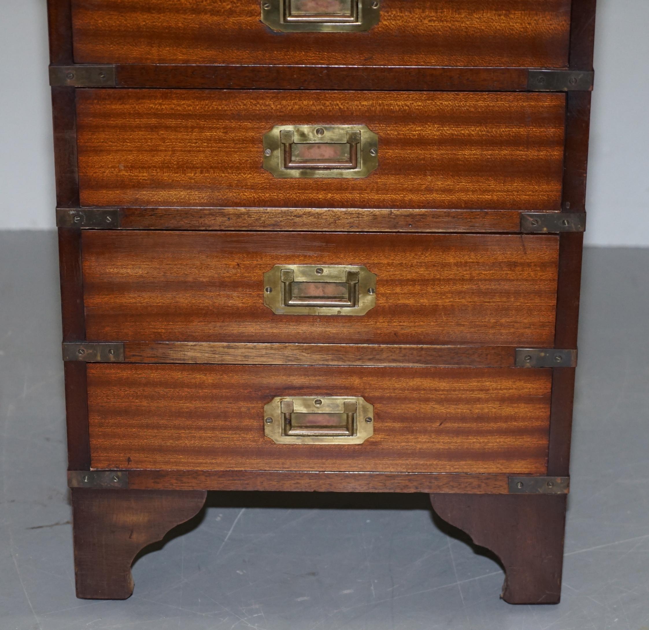 Hardwood Brown Leather with Brass Trim Military Campaign Side Table Size Drawers 2