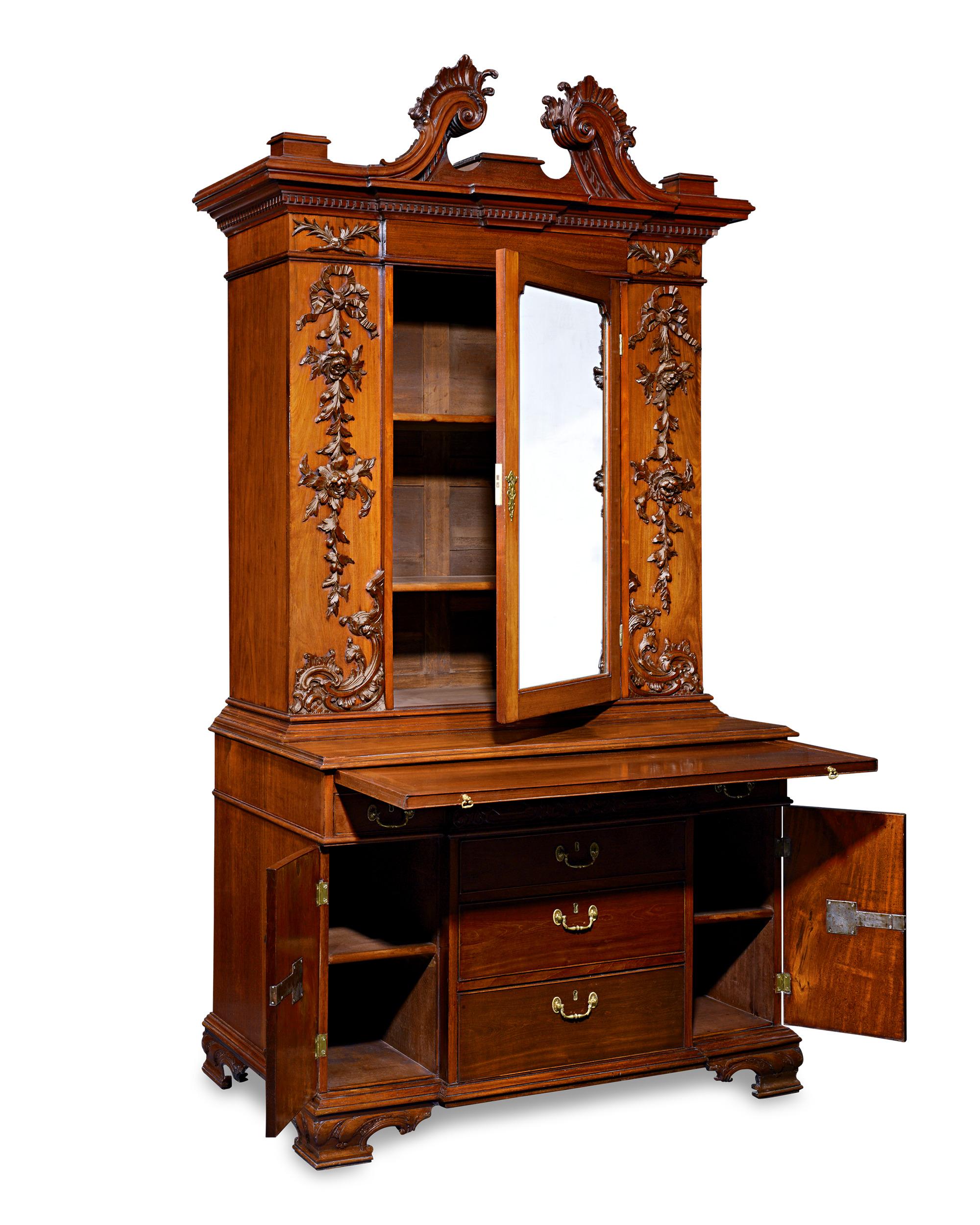 This extraordinary Irish bureau cabinet was crafted based on a design for a desk and bookcase drawn from Thomas Chippendale’s famed 1762 edition of The Gentleman and Cabinet-Maker's Director. Chippendale’s revolutionary designs came to define the