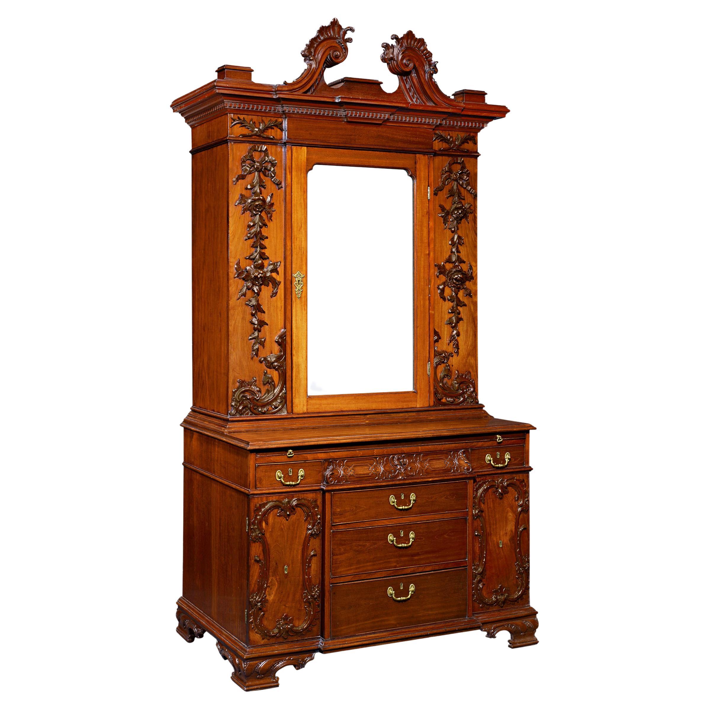 Mahogany Bureau Cabinet After Thomas Chippendale For Sale