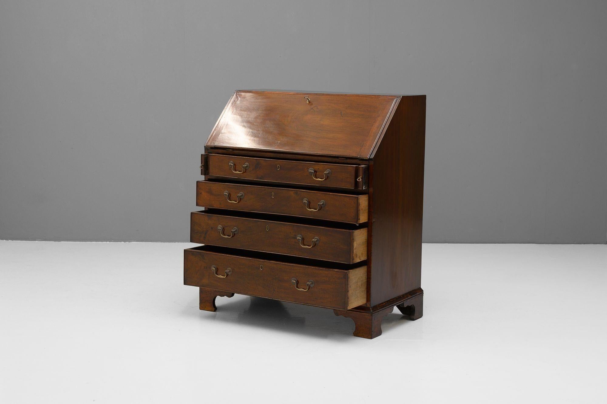 Mahogany bureau with fitted interior on bracket feet. Circa 1780
H 110cm x W 101cm x D 53cm