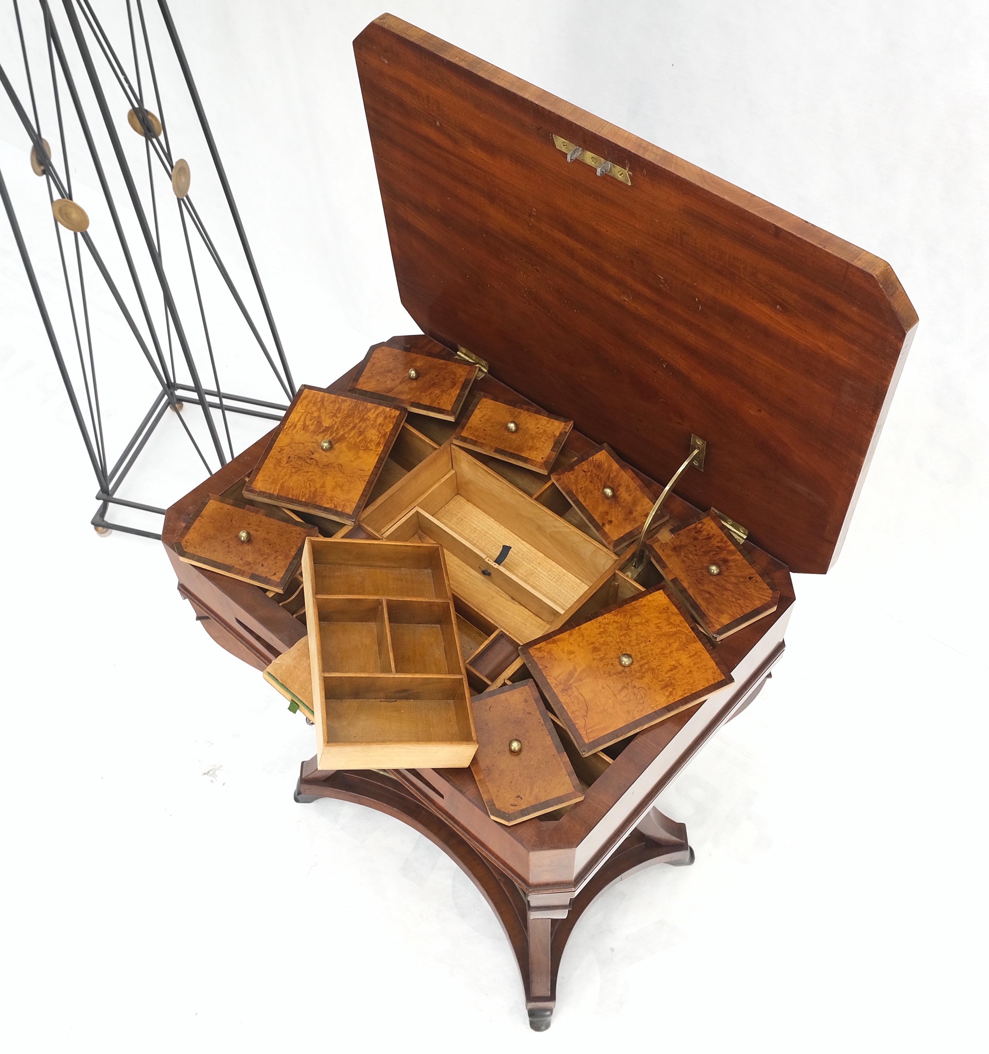 Mid-Century Modern Mahogany & Burl Wood Regency Lift Top Sewing Stand Organizer W/ Key Mint! For Sale