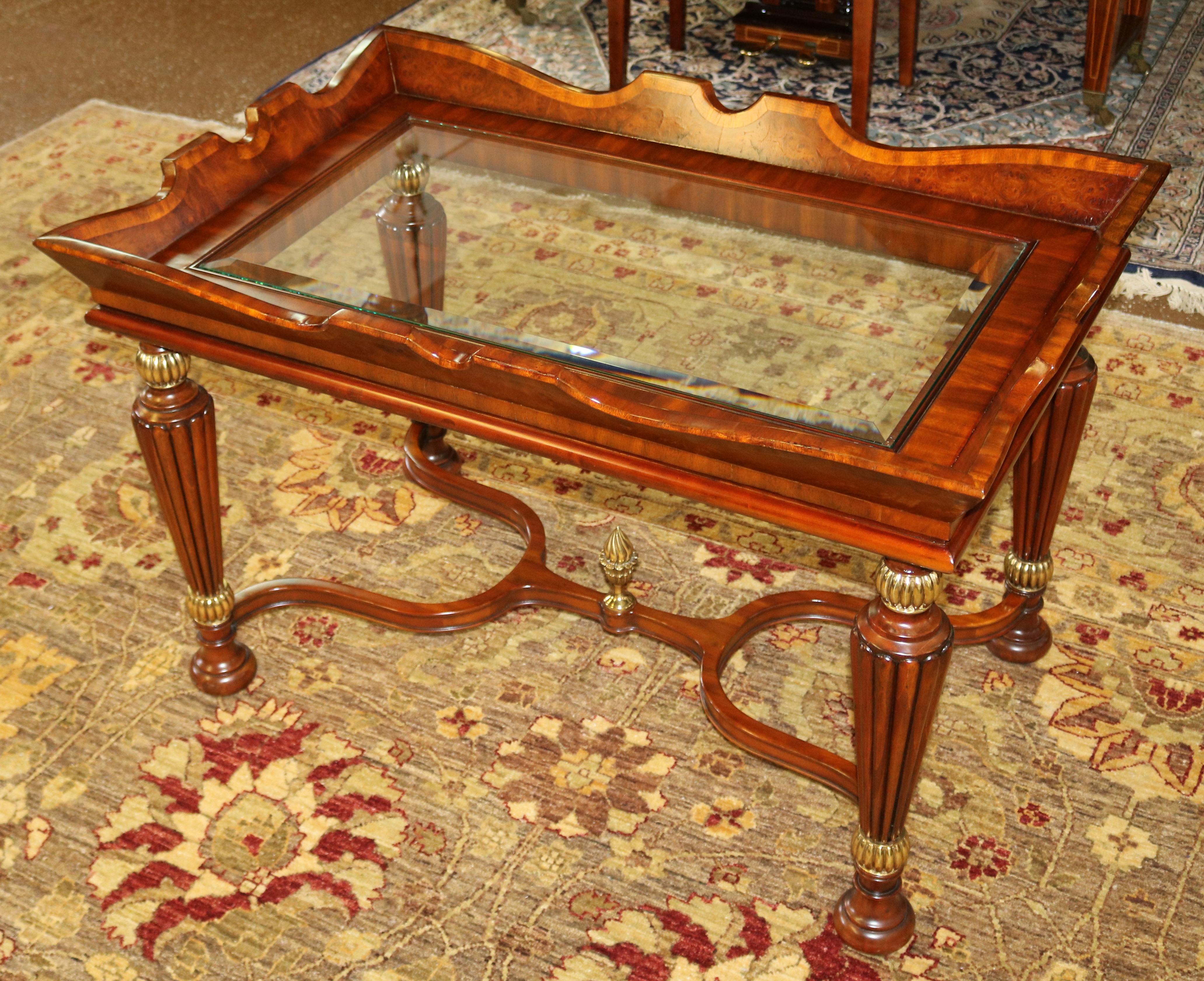 Regency Mahogany & Burled Beveled Glass Cocktail Coffee Table By Maitland Smith For Sale