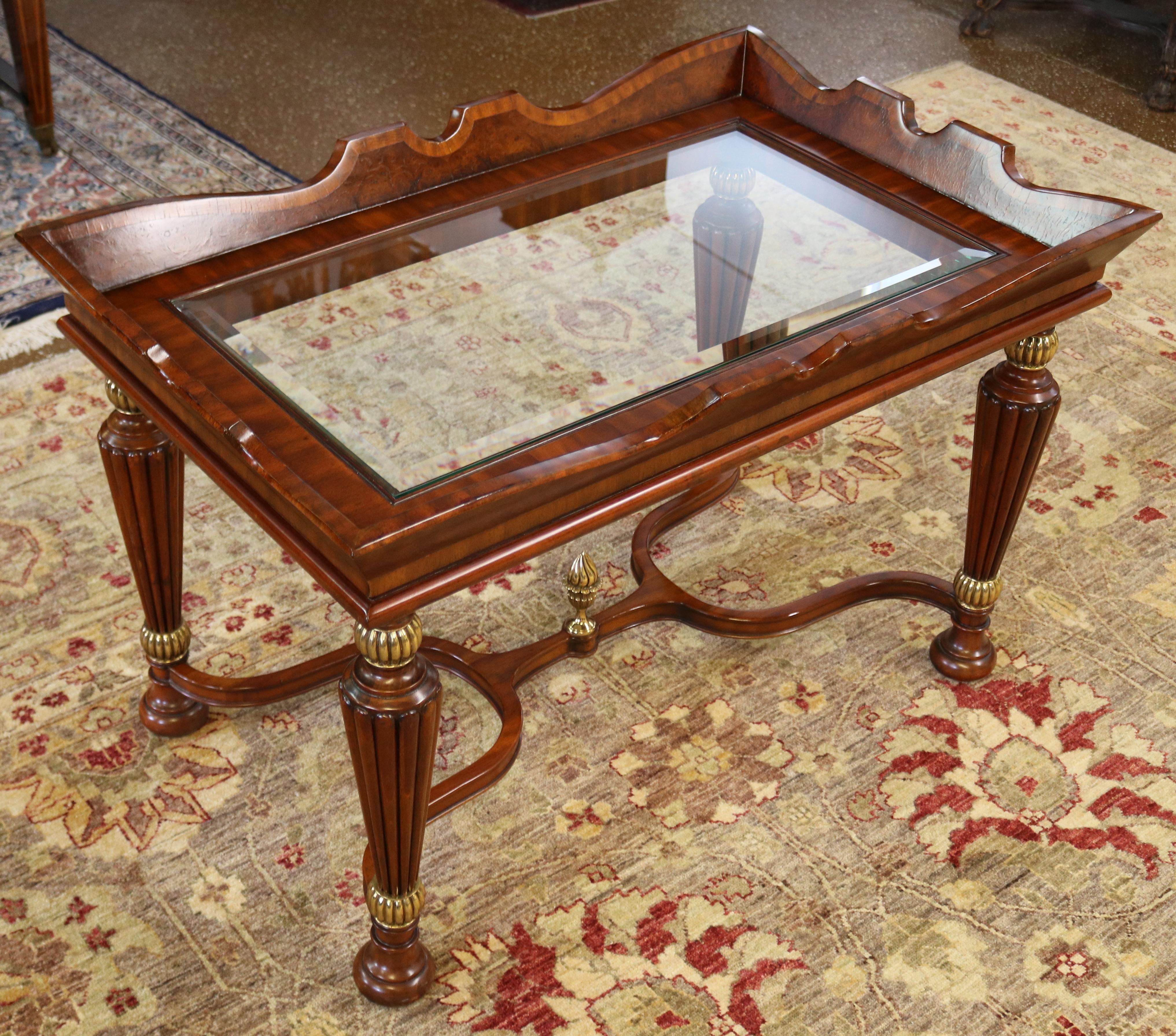 Philippine Mahogany & Burled Beveled Glass Cocktail Coffee Table By Maitland Smith For Sale