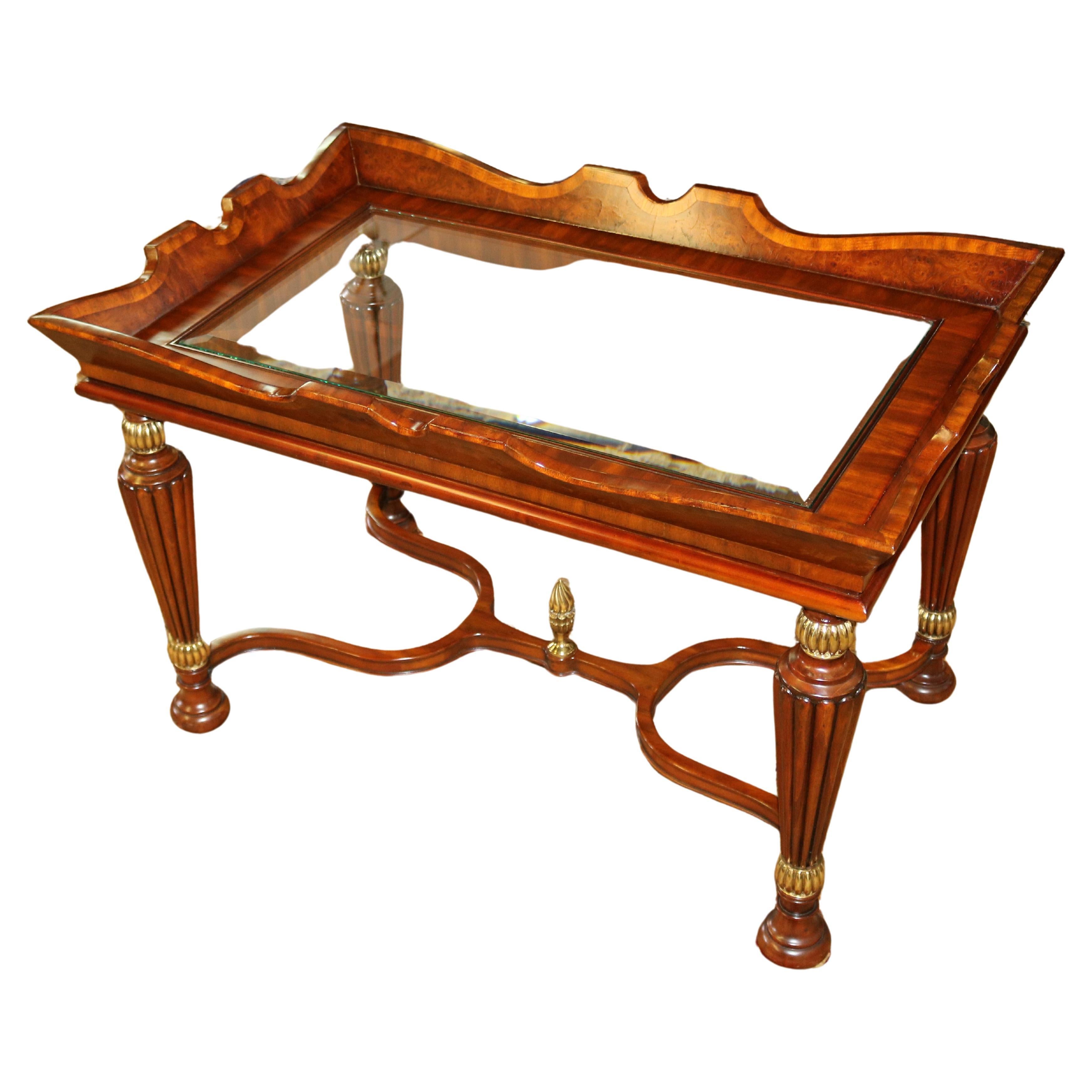 Mahogany & Burled Beveled Glass Cocktail Coffee Table By Maitland Smith For Sale