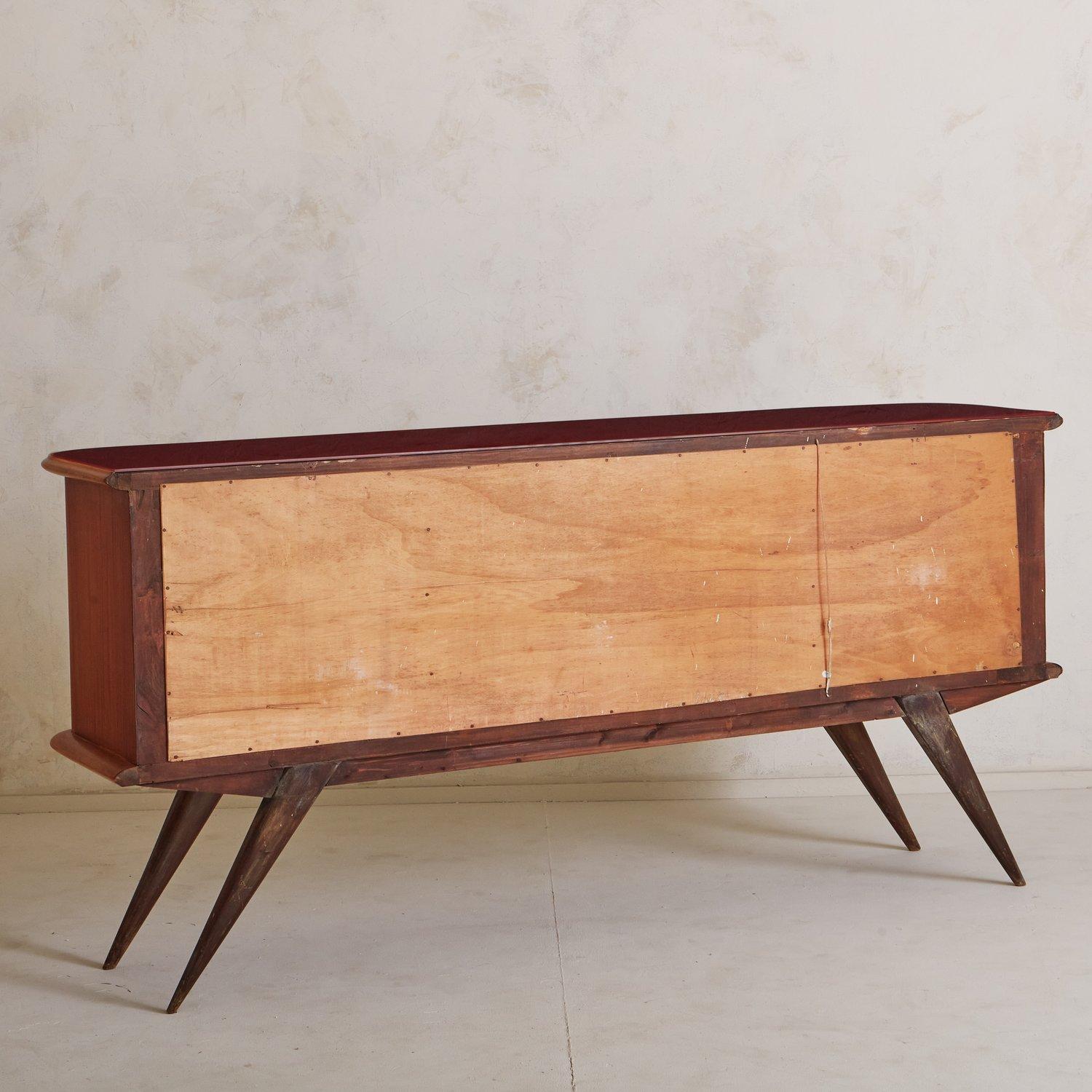 Mahogany + Burlwood Credenza With Red Glass Top, Italy 1960s In Good Condition In Chicago, IL