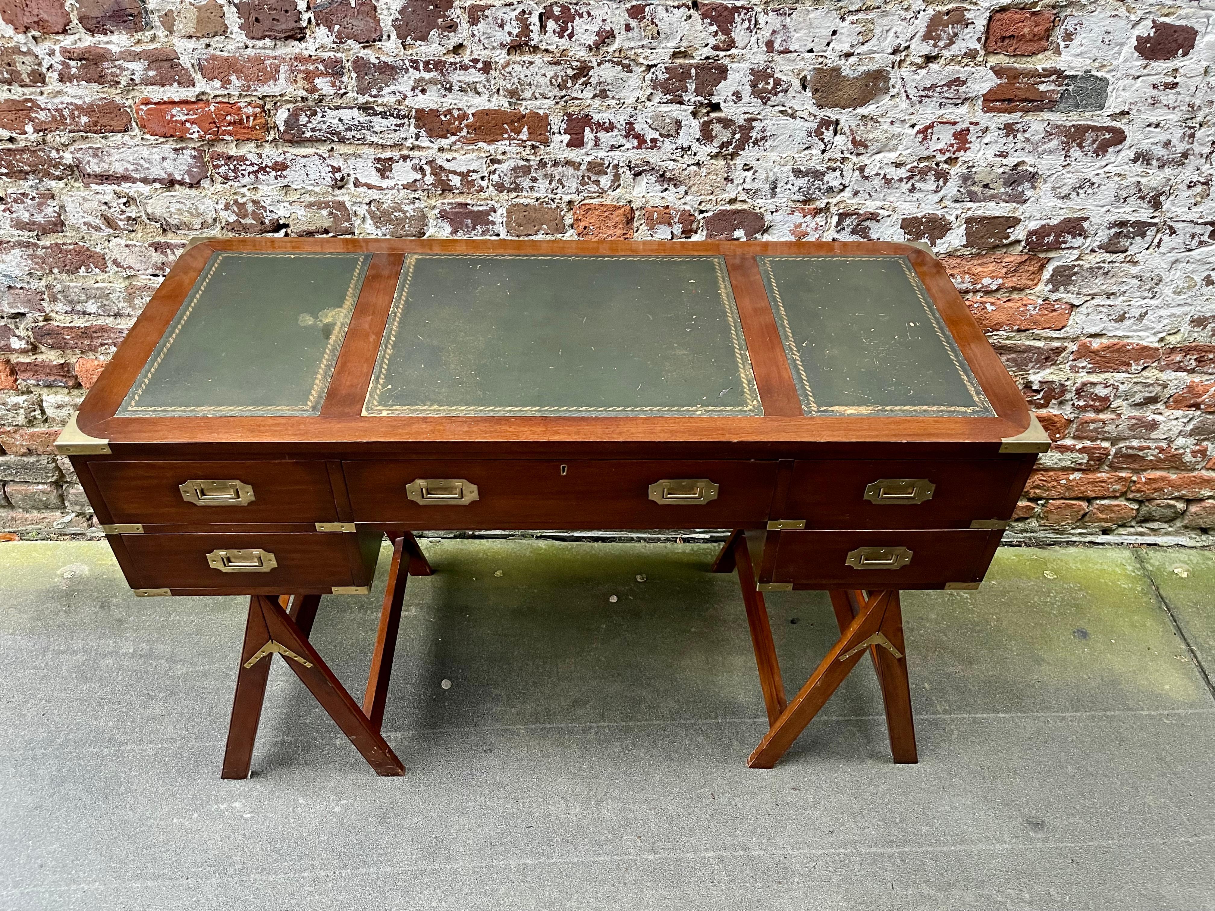 Mahogany Campaign Style Desk on Stand with Leather Writing Surface In Good Condition In Charleston, SC