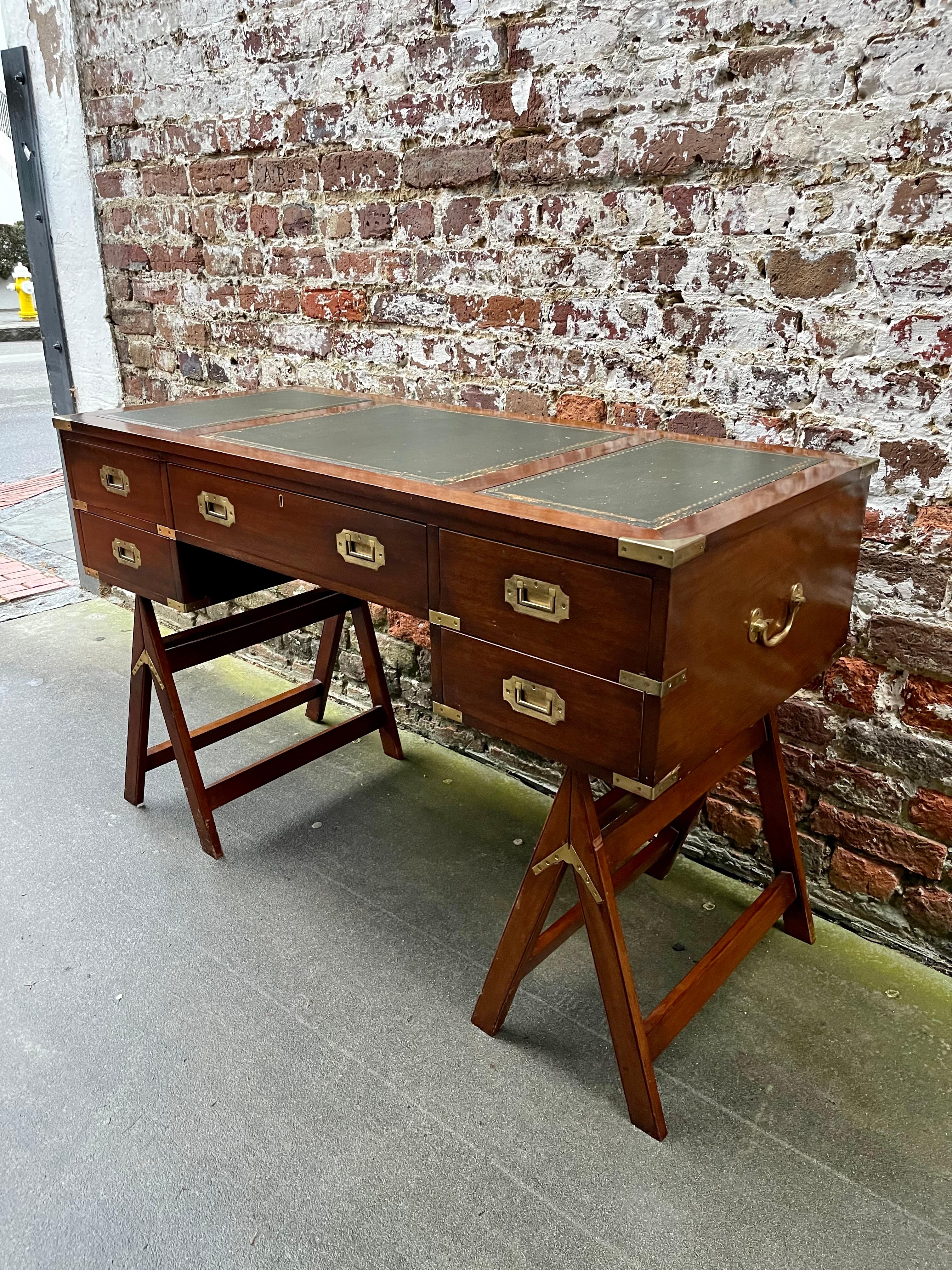 20th Century Mahogany Campaign Style Desk on Stand with Leather Writing Surface