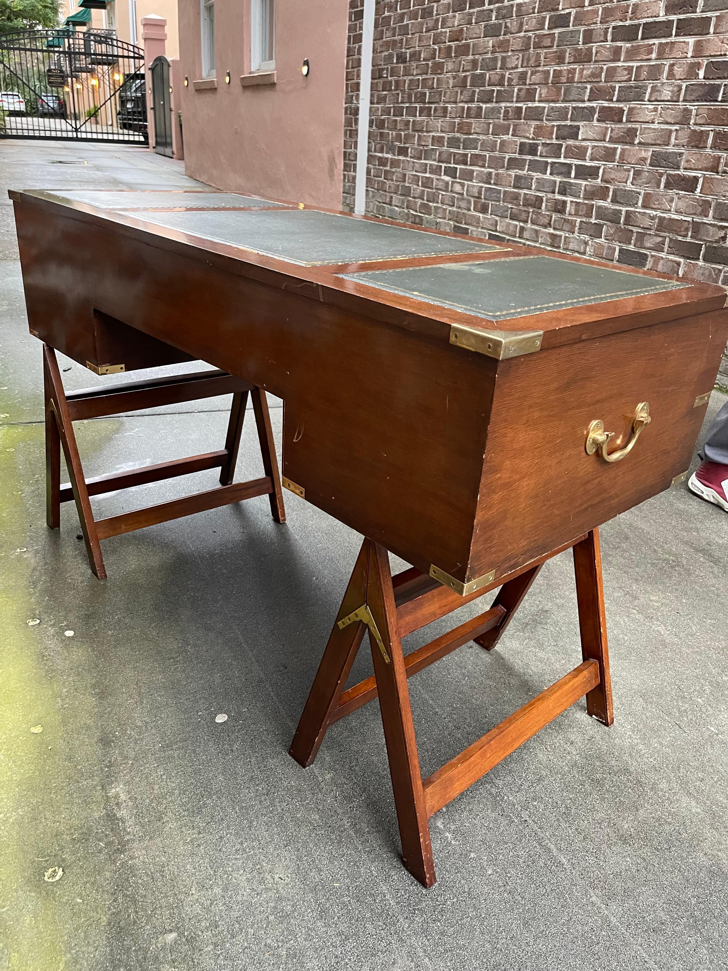 Mahogany Campaign Style Desk on Stand with Leather Writing Surface 1