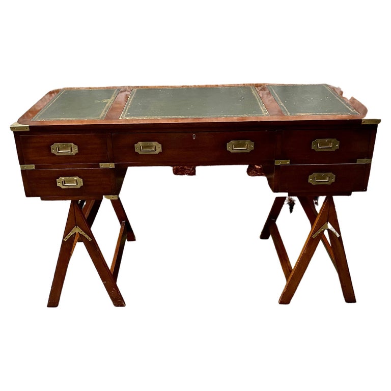 Mahogany Campaign Style Desk on Stand with Leather Writing Surface at