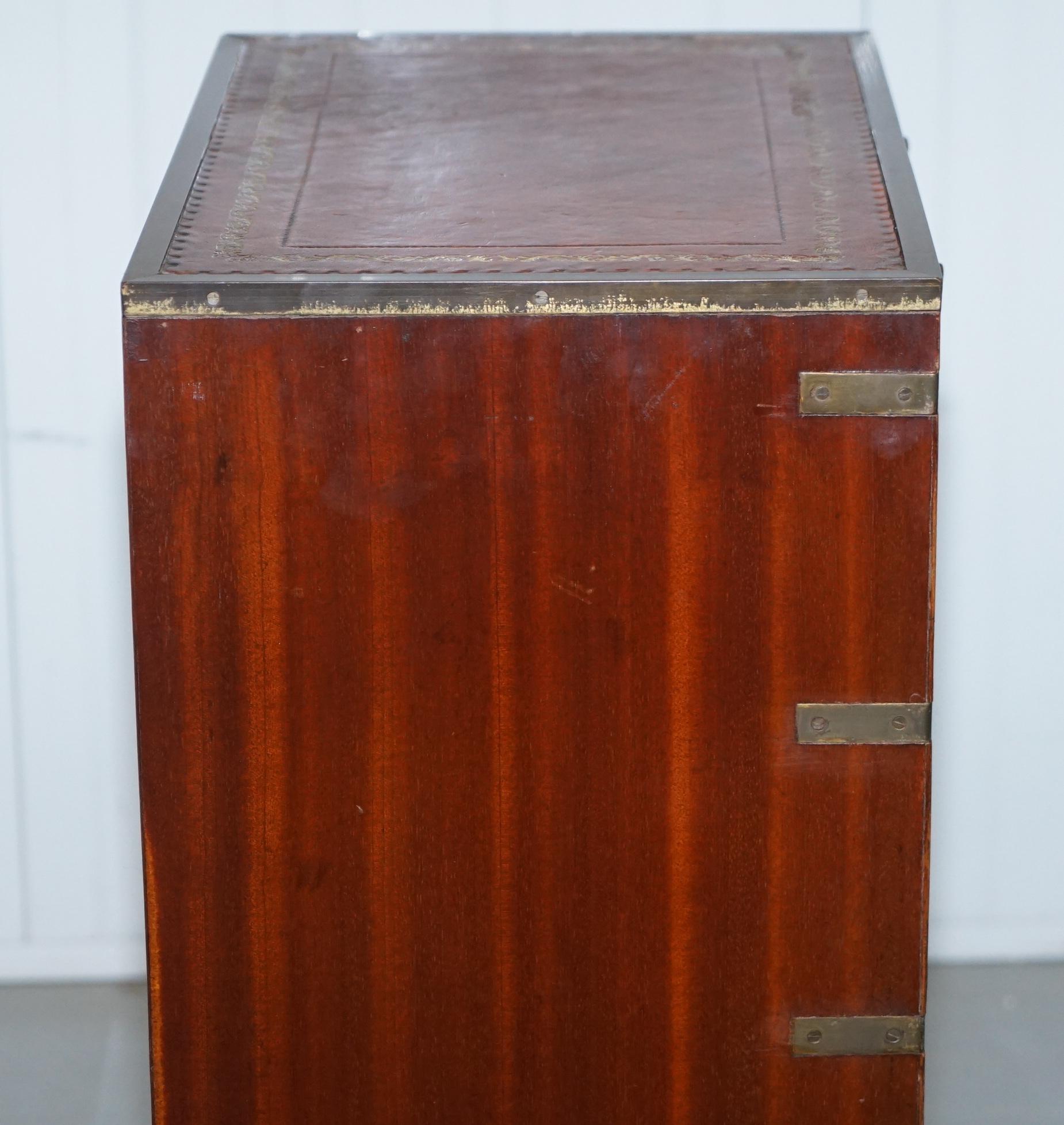 Mahogany Campaign Style Side Table Drawers Brown Leather Butlers Serving Tray 4