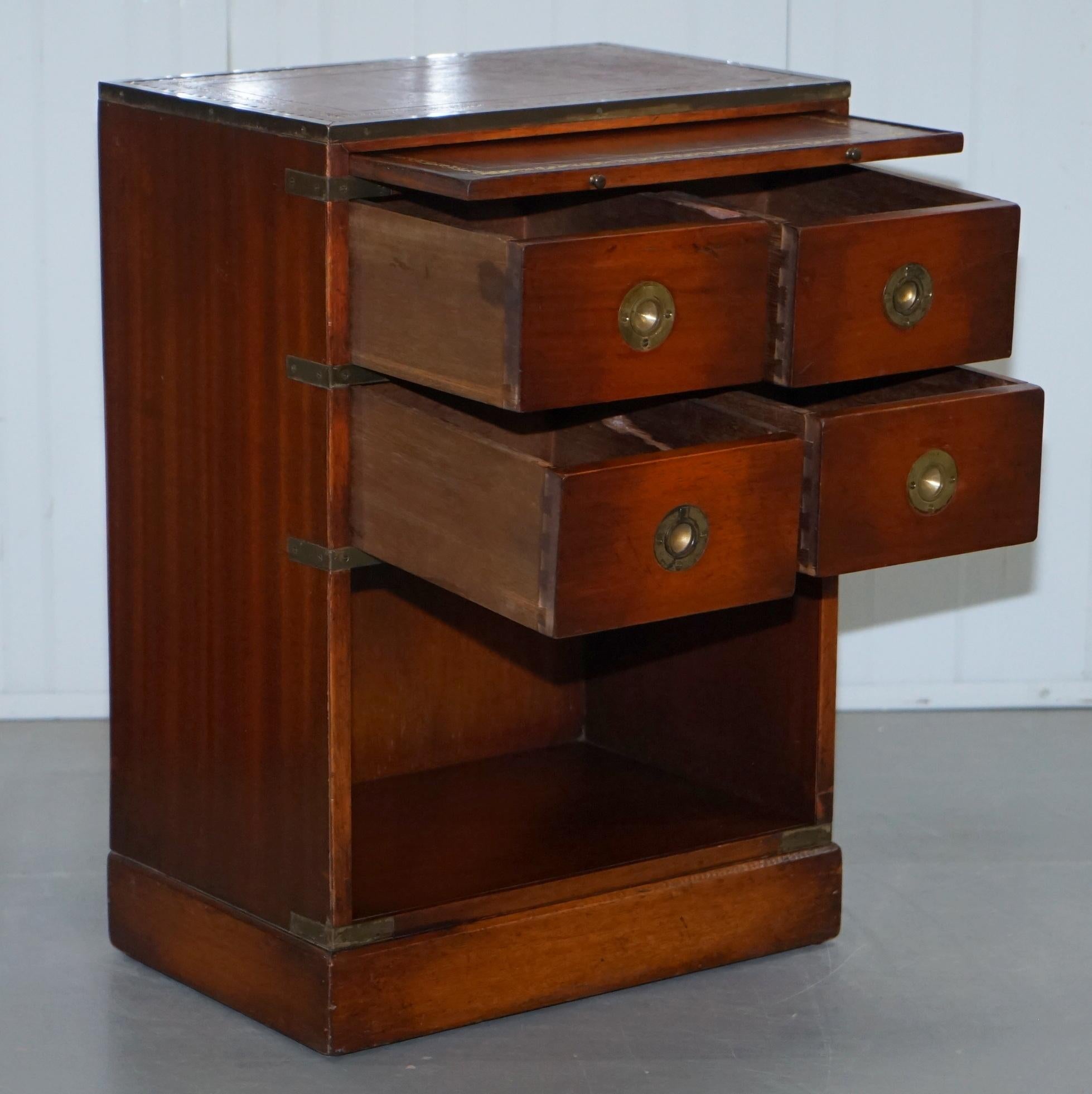Mahogany Campaign Style Side Table Drawers Brown Leather Butlers Serving Tray 9