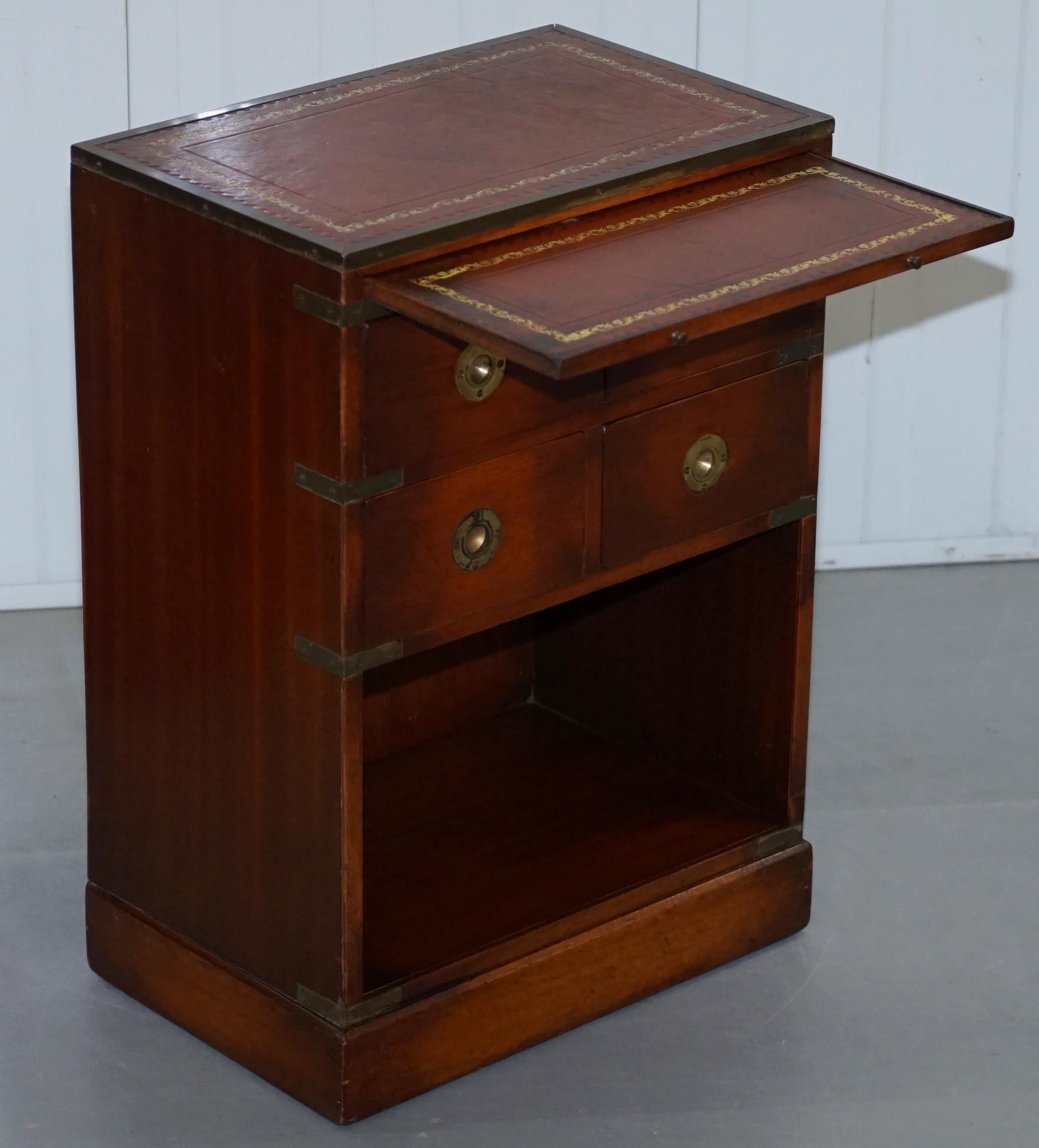 Mahogany Campaign Style Side Table Drawers Brown Leather Butlers Serving Tray 11