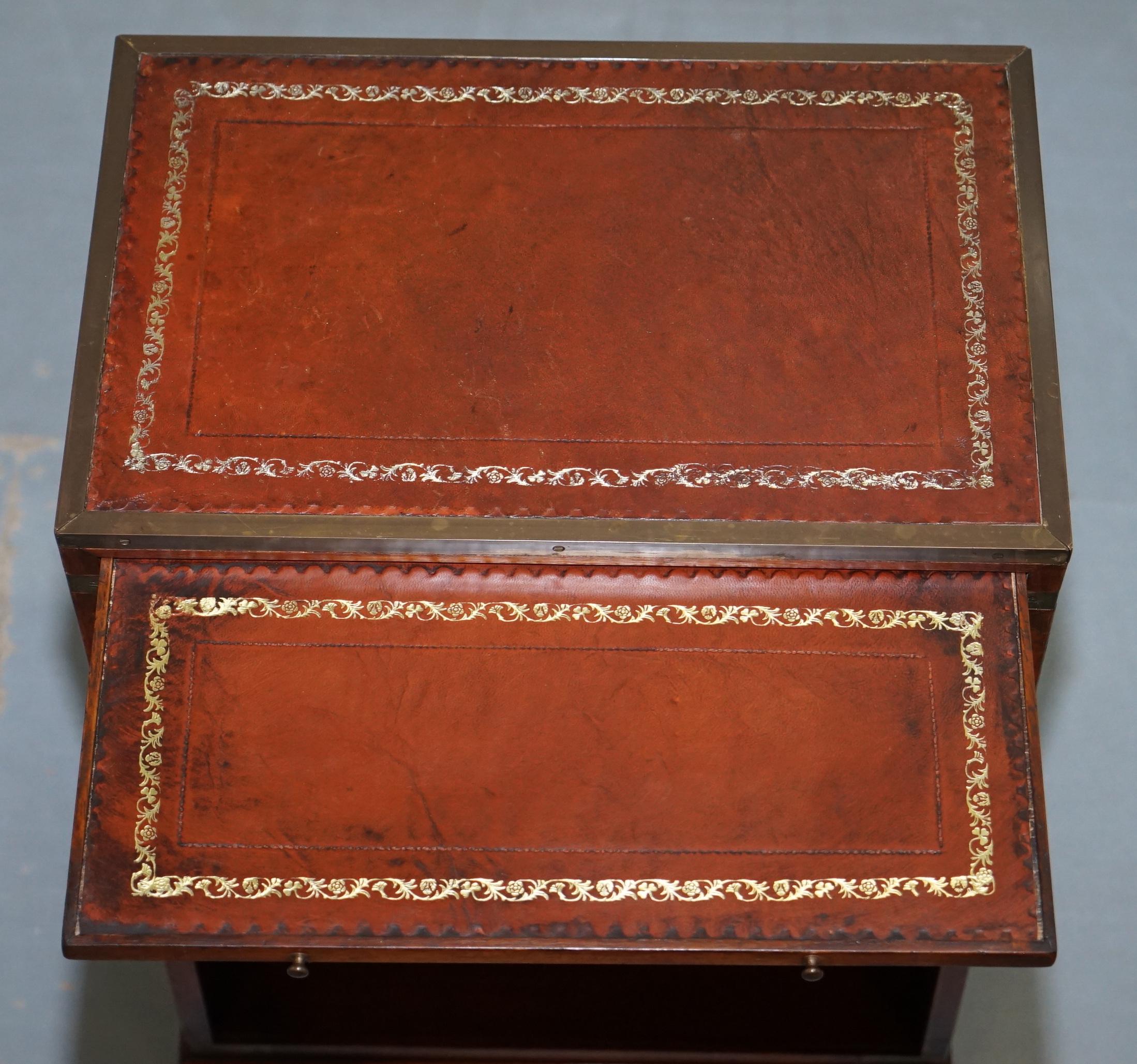 Mahogany Campaign Style Side Table Drawers Brown Leather Butlers Serving Tray 12