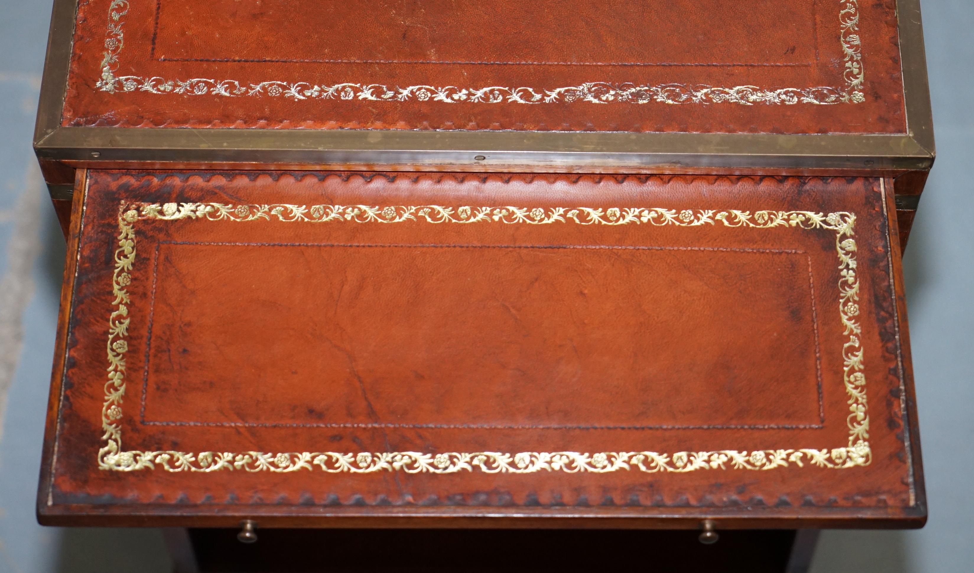 Mahogany Campaign Style Side Table Drawers Brown Leather Butlers Serving Tray 13