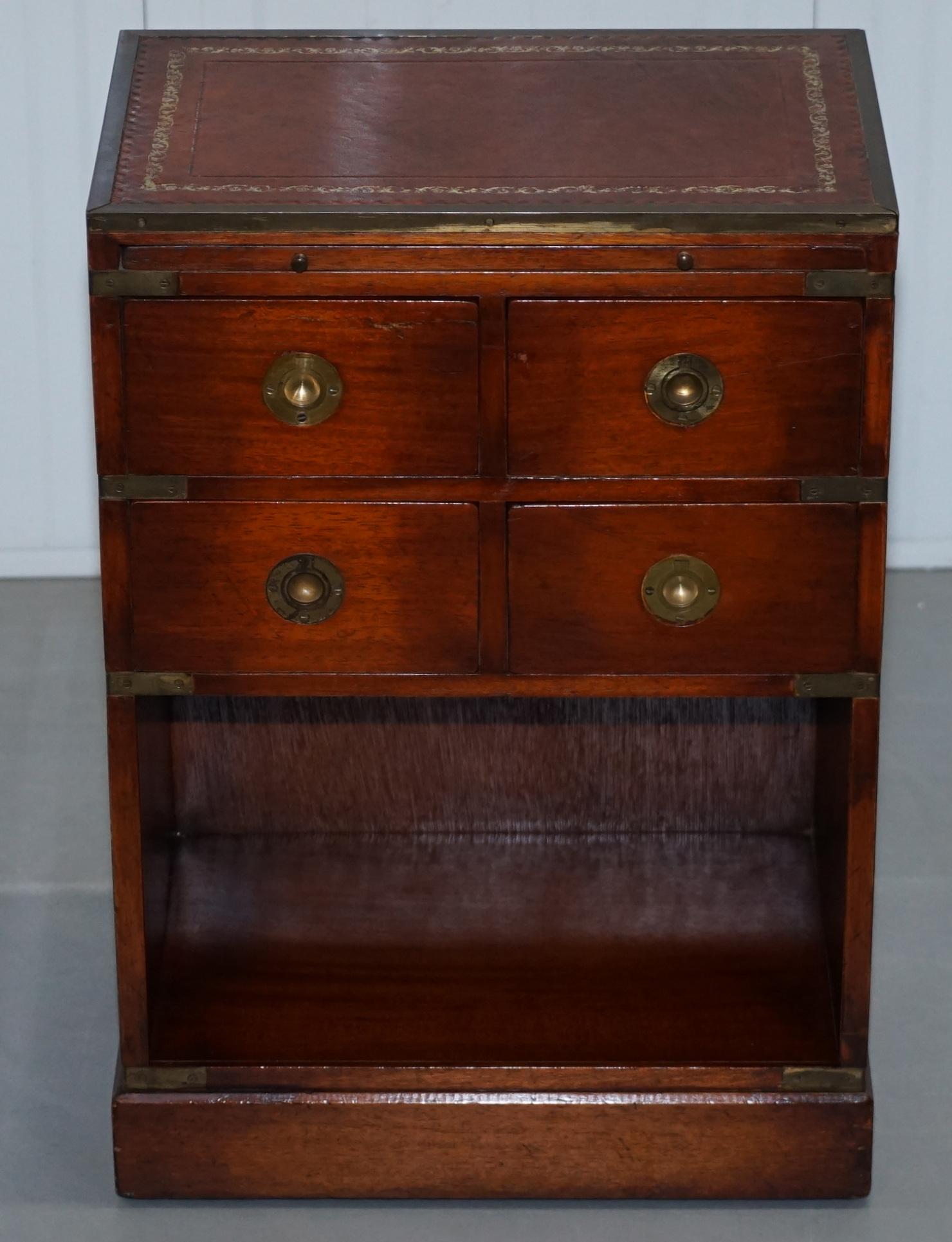 Mid-Century Modern Mahogany Campaign Style Side Table Drawers Brown Leather Butlers Serving Tray