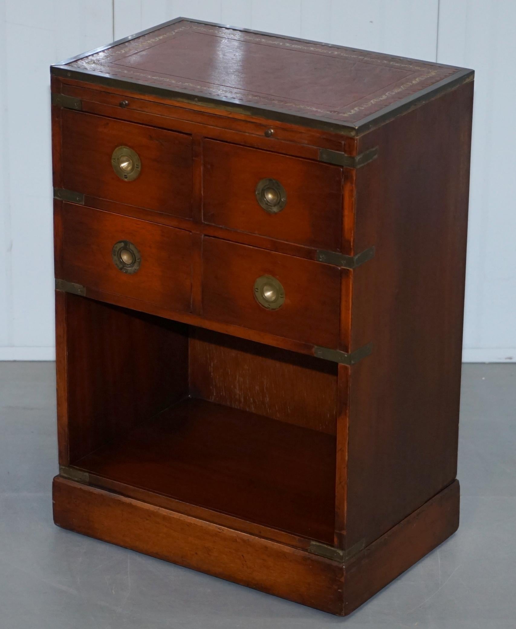 English Mahogany Campaign Style Side Table Drawers Brown Leather Butlers Serving Tray