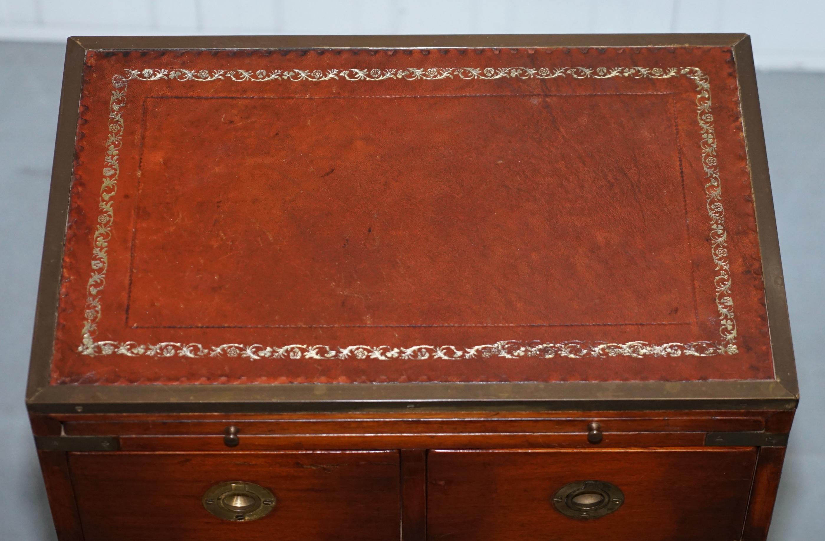 Hand-Carved Mahogany Campaign Style Side Table Drawers Brown Leather Butlers Serving Tray