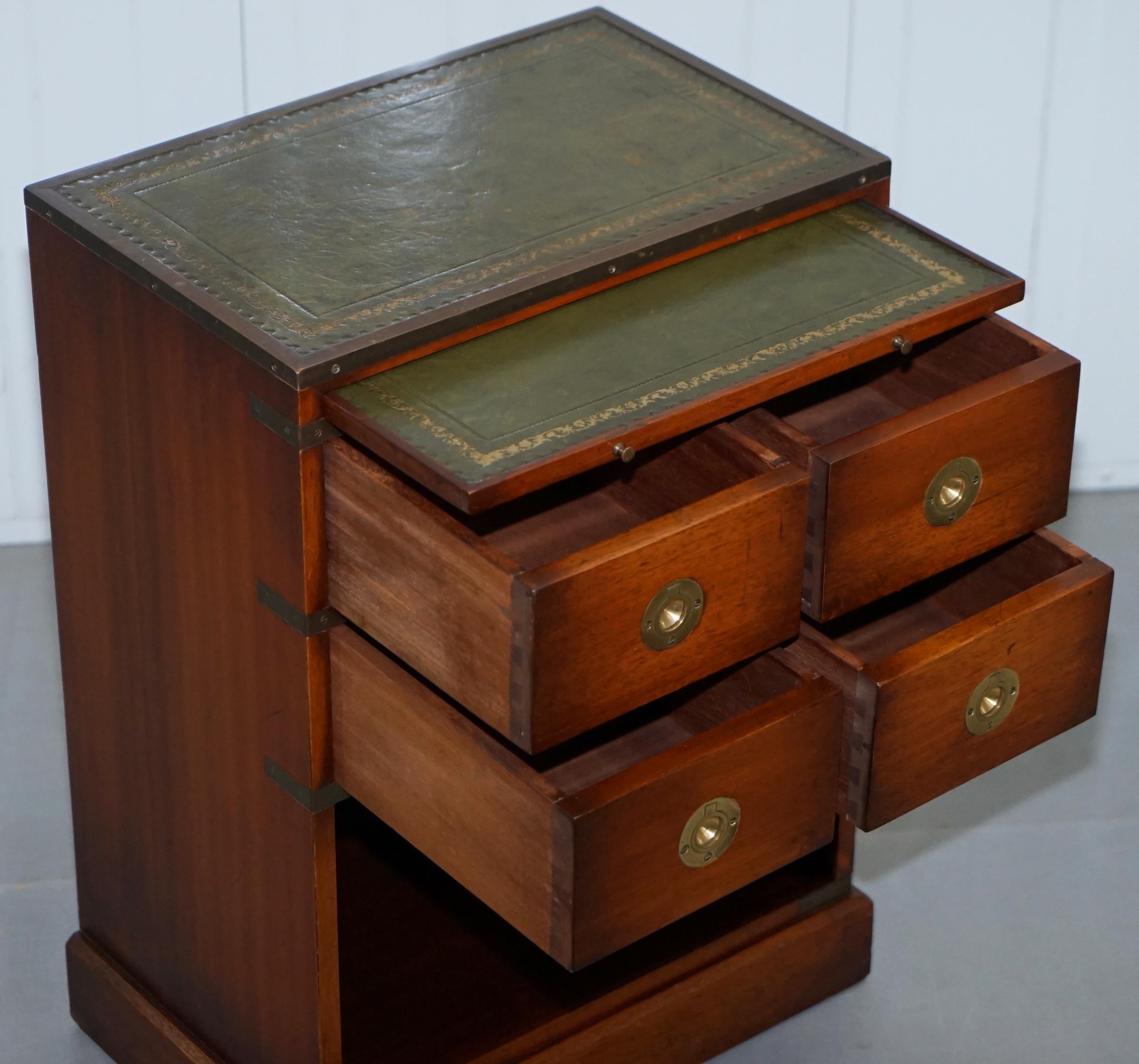 Mahogany Campaign Style Side Table Drawers Green Leather Butlers Serving Tray 9